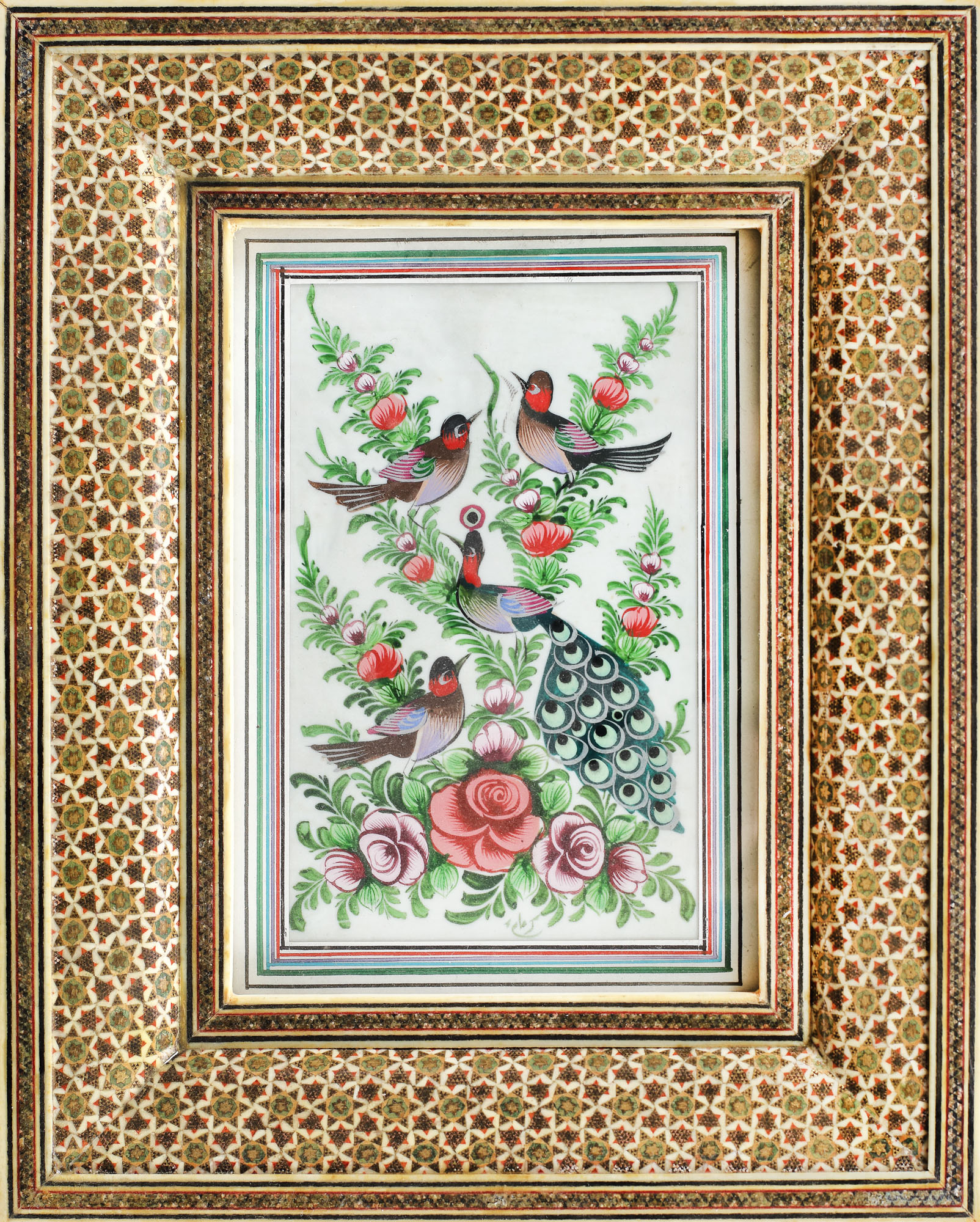 Placă decorativă din fildeș, pictată manual cu păuni și trandafiri, Iran, cca. 1950