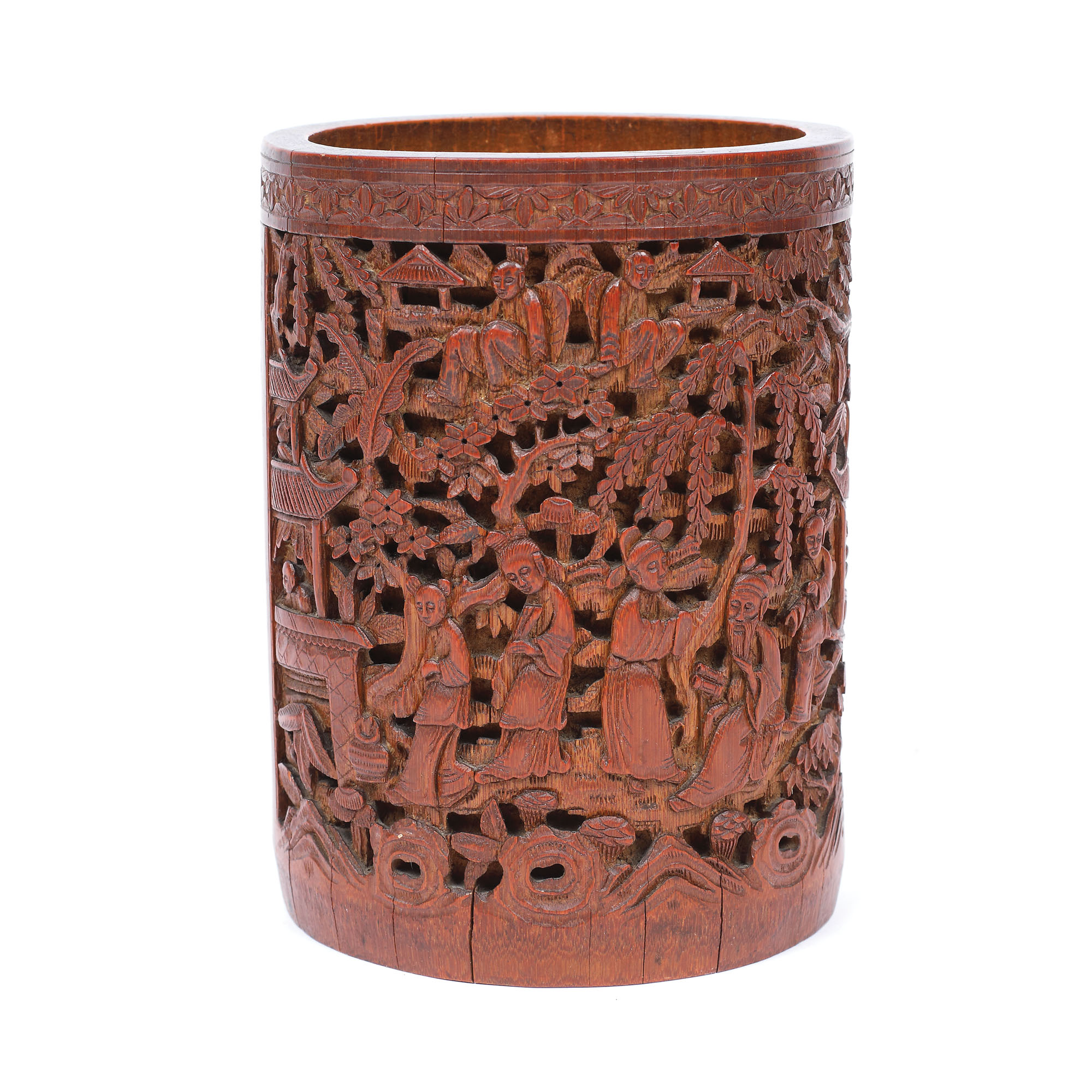 Brush pot din bambus, sculptat cu scene tradiționale și decorat cu un simbol regal, perioada dinastiei Qing, China, sec. XVIII