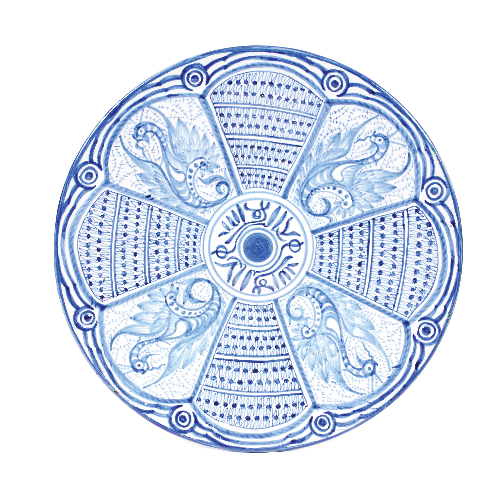 Platou din ceramică Manises, decorat cu păsări phoenix, Spania, sec. XVIII
