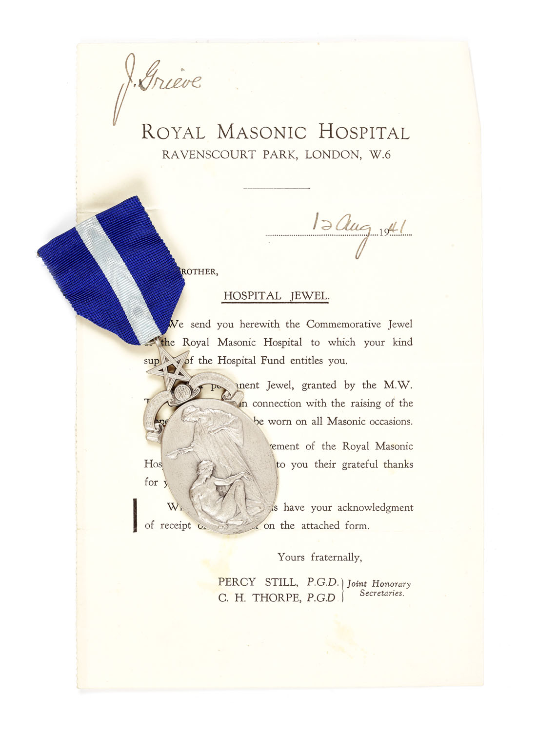 Ordin masonic din argint "Aegros Sanat Humanitas", prezentat lui J. Grieve, 1941, însoțit de autorizație