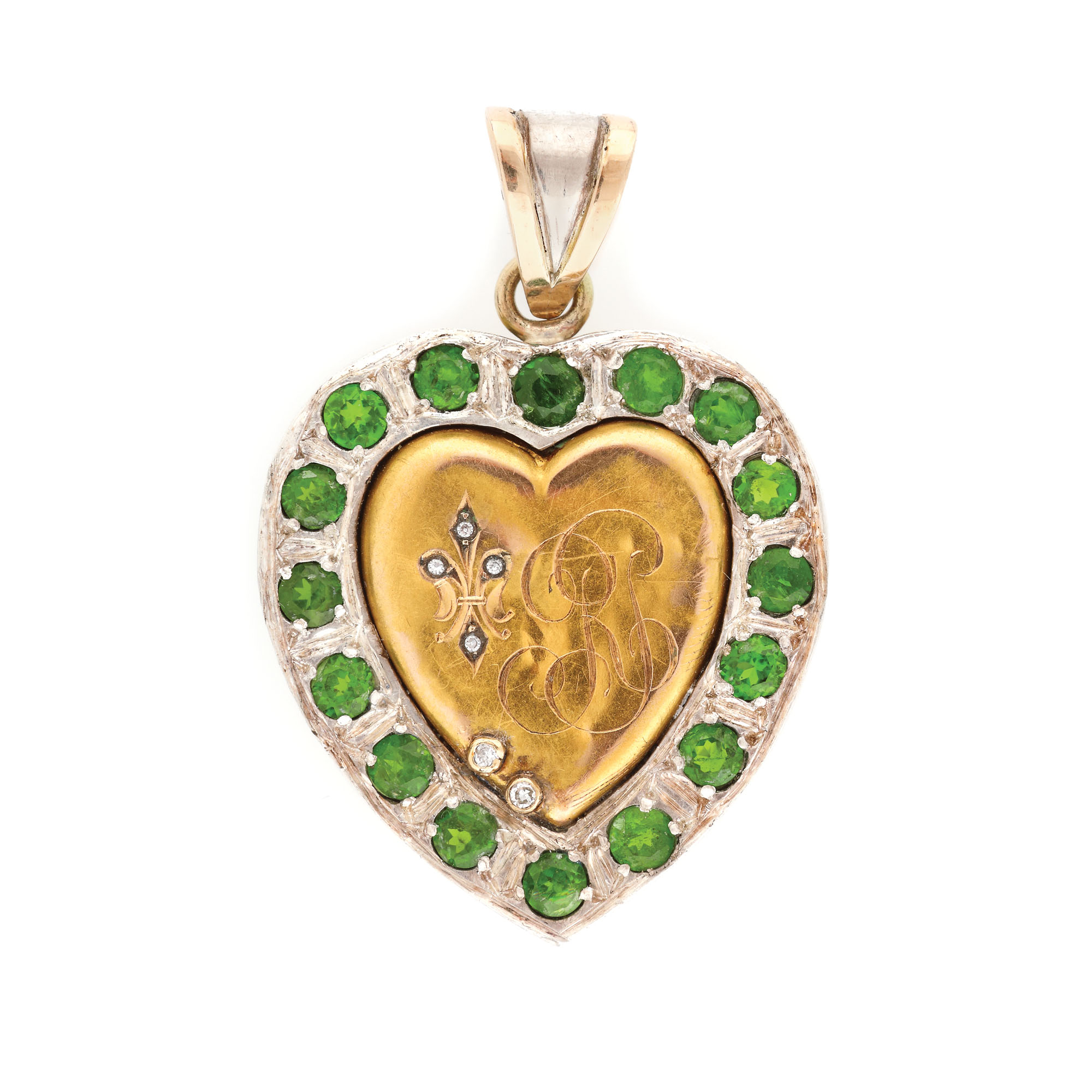 "Coeur" - pandantiv Art Nouveau din aur și argint, decorat cu crom diopside, diamante și pietre ornamentale, cca. 1900