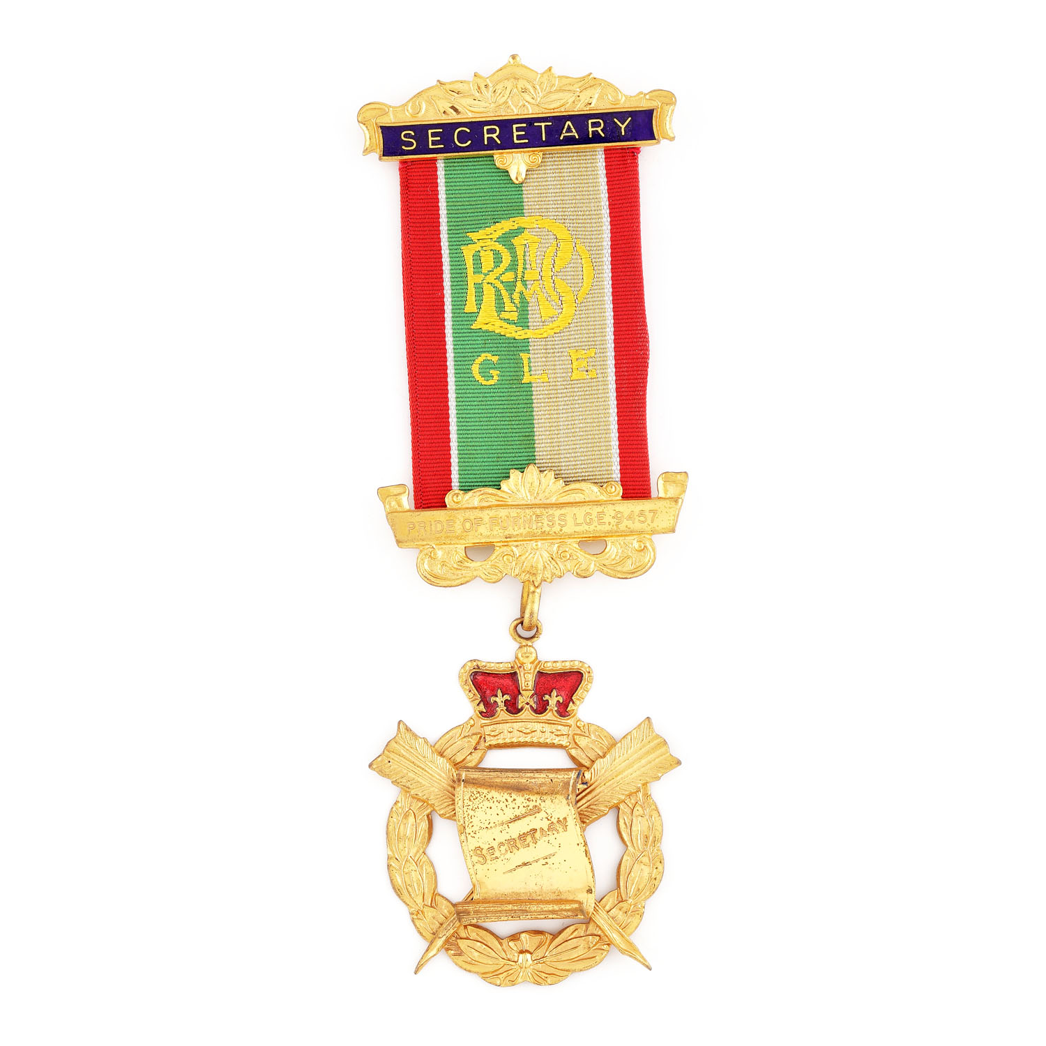 Ordin masonic al ”R.A.O.B.”, prezentat lui M. Dick de către loja ”Pride of Furness” nr. 9457, pentru funcția de Secretar, 1987