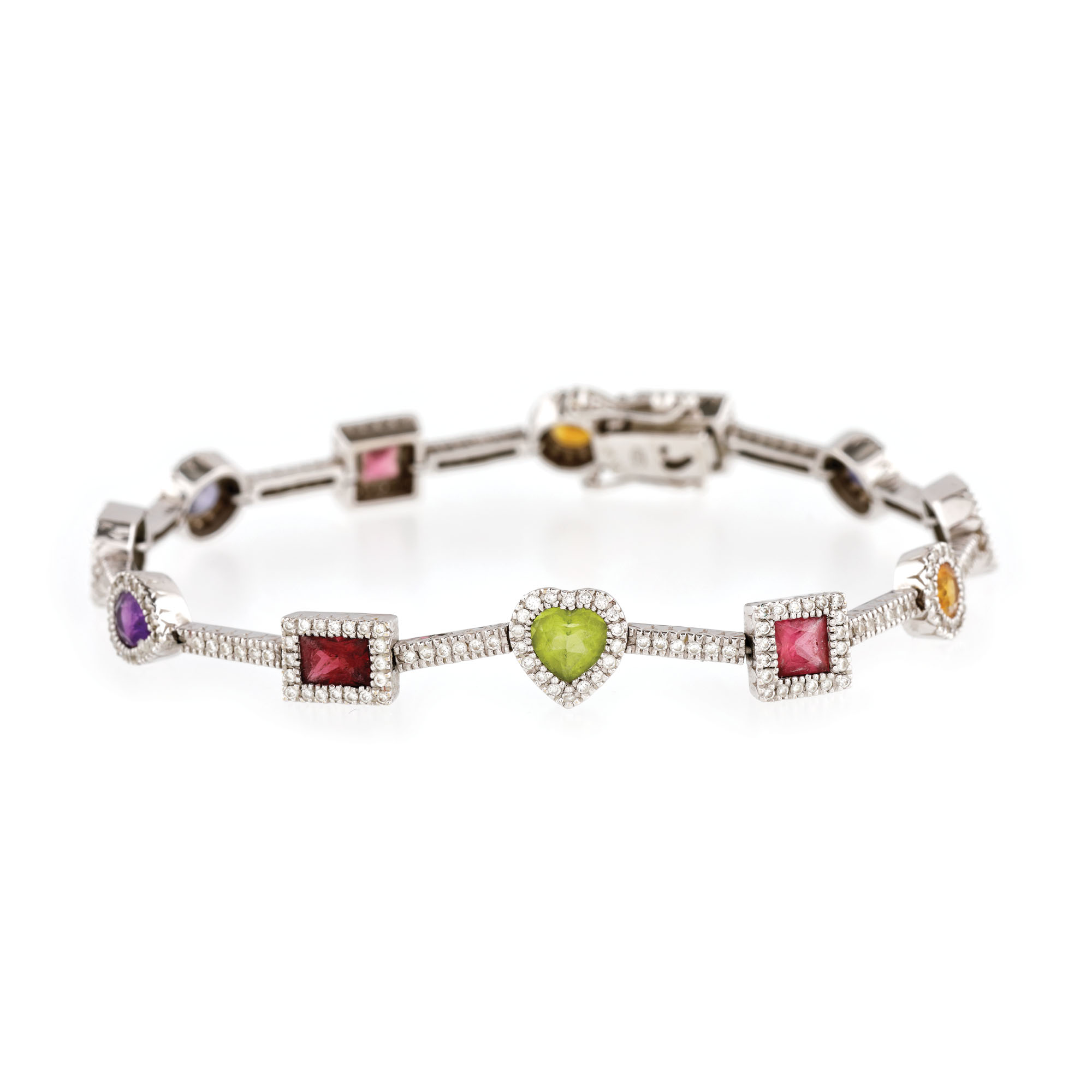 Brățară din aur alb, decorată cu pavaj de diamante și pietre prețioase multicolore
