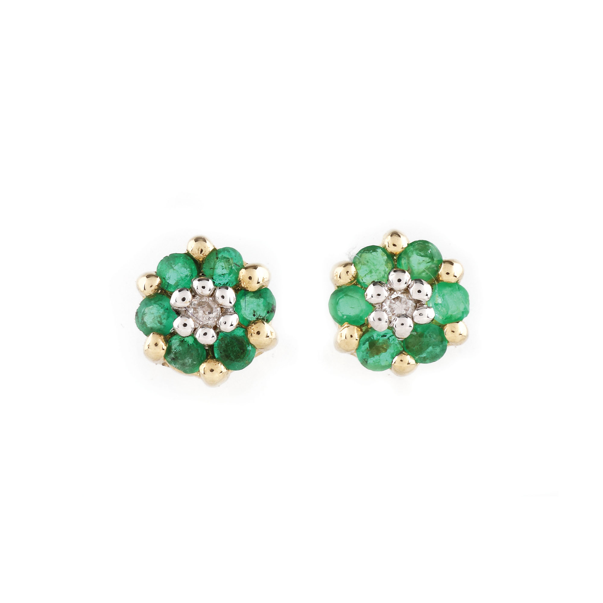 Delicată pereche de cercei din aur, decorată cu smaralde și diamante în model floral