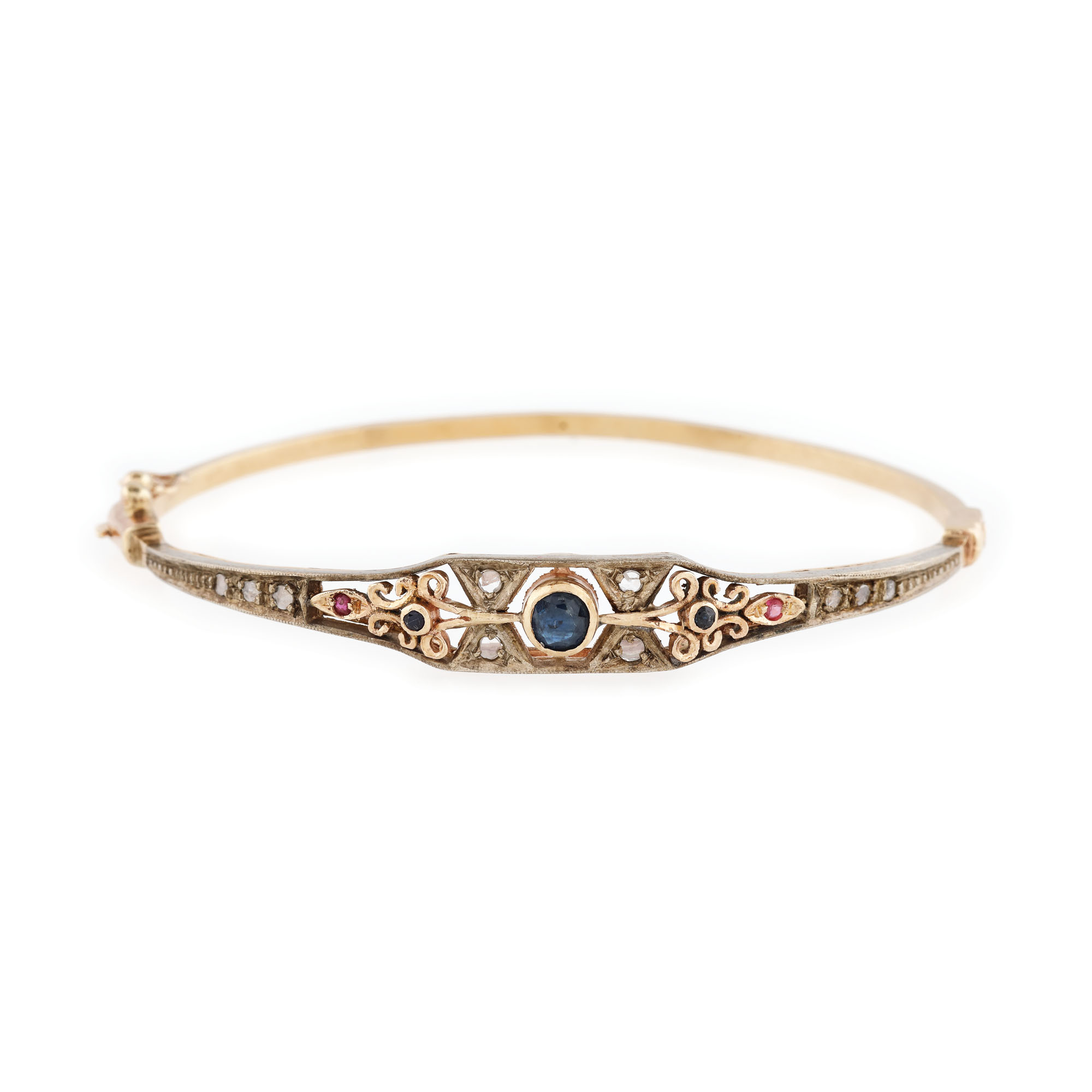 Brățară vintage, fixă, din aur și argint, decorată cu rubine, safire și diamante