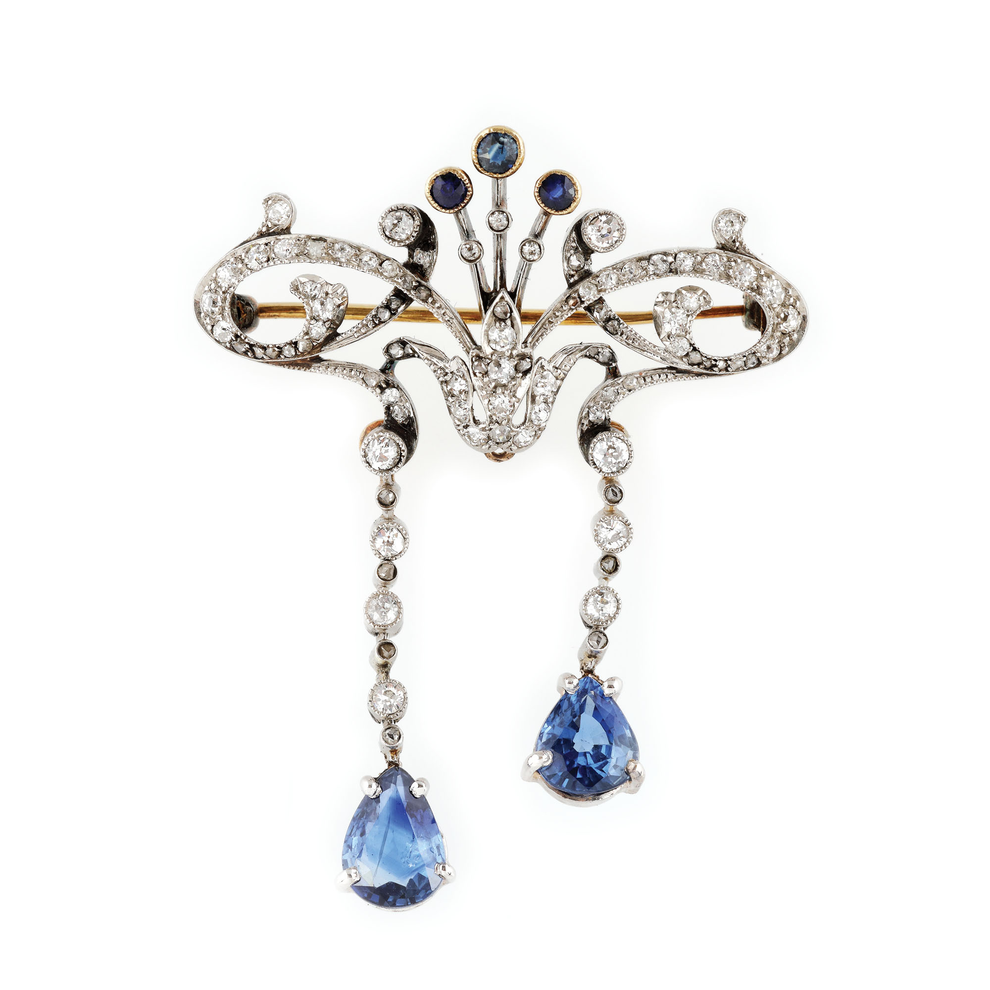 Broșă Belle Époque din aur și platină, decorată cu diamante și safire, cca. 1900