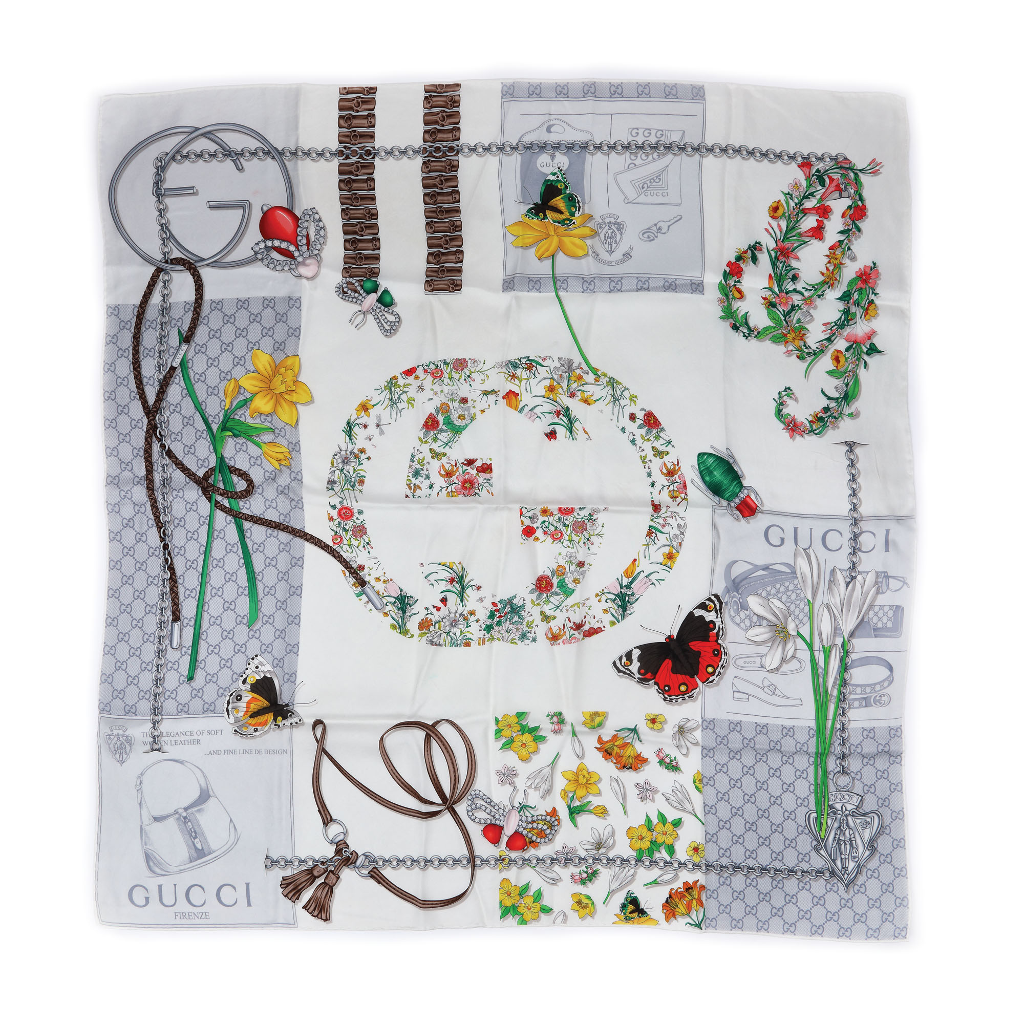Eșarfă Gucci decorată cu motive florale și fluturi, din mătase naturală, provine din colecția creatoarei de modă Romaniței Iovan