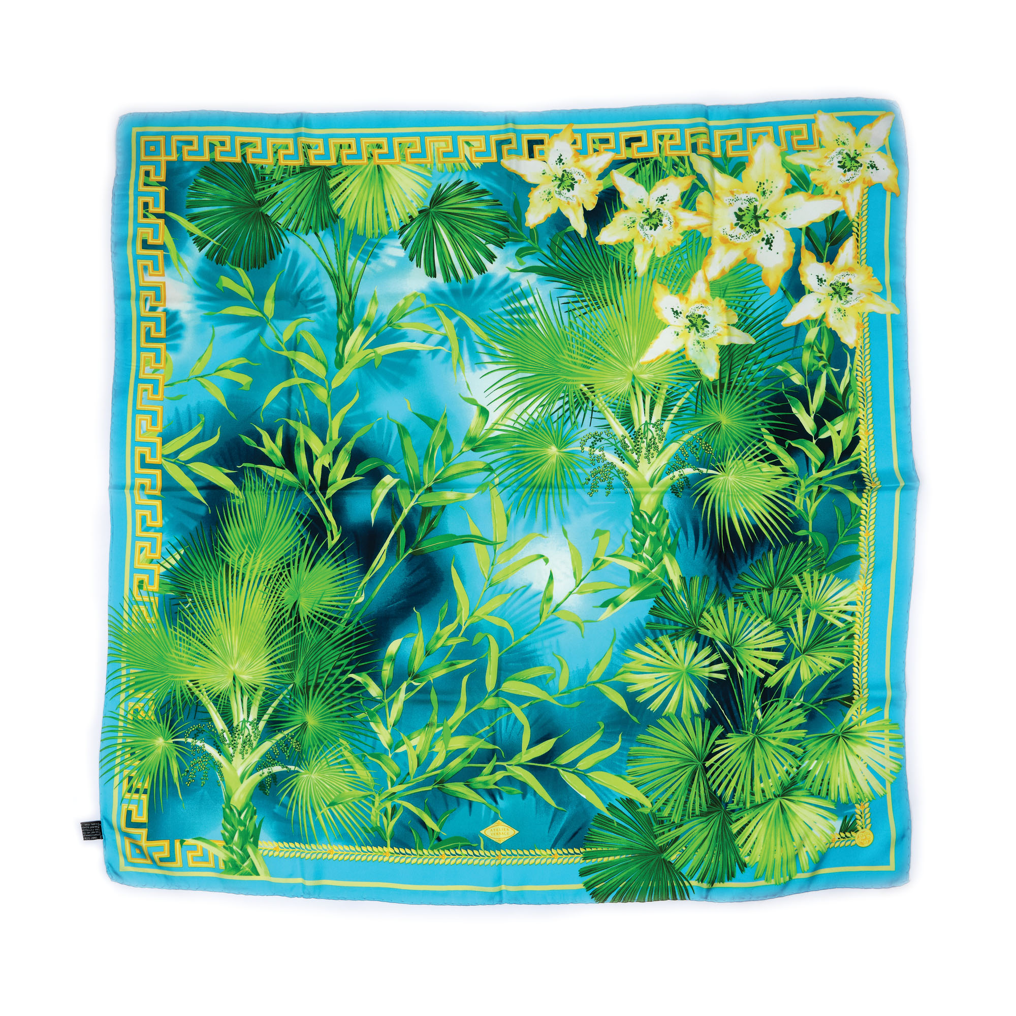 Eșarfă Versace cu decor tropical, din mătase naturală, provine din colecția creatoarei de modă Romanița Iovan 