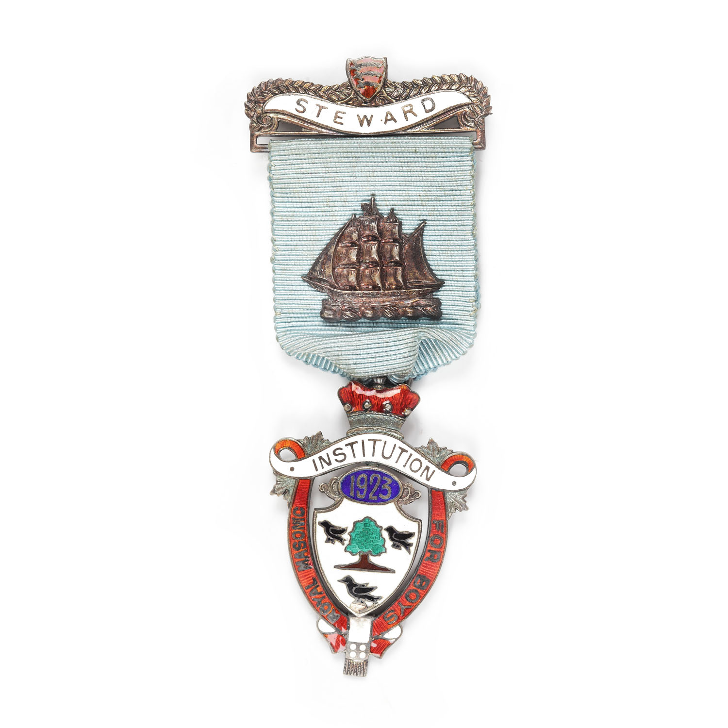 Ordin masonic din argint aurit al ”Royal Masonic Institution For Boys”, pentru funcţia de Steward, 1923