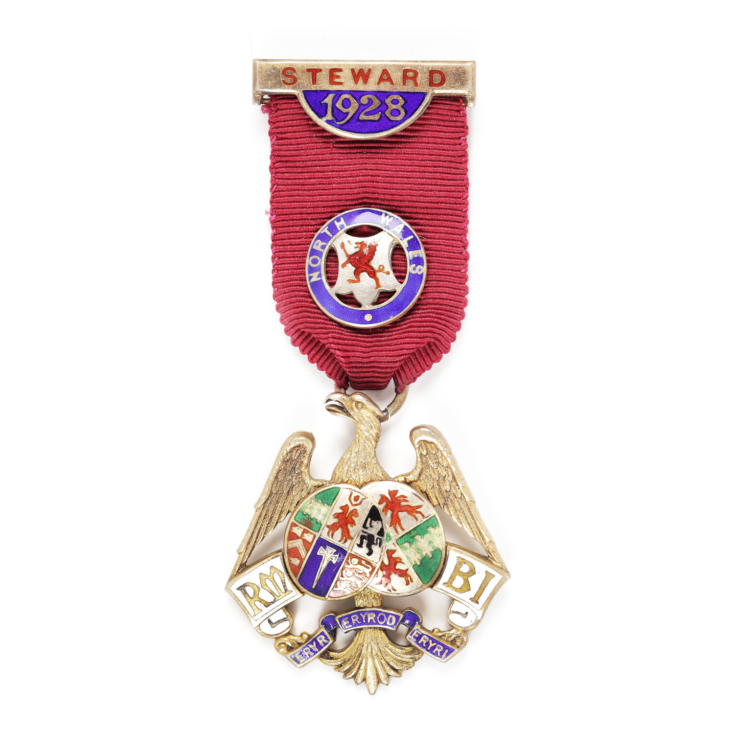 Ordin masonic din argint aurit al "Royal Masonic Benevolent Institution", pentru funcţia de Steward, North Wales, 1928
