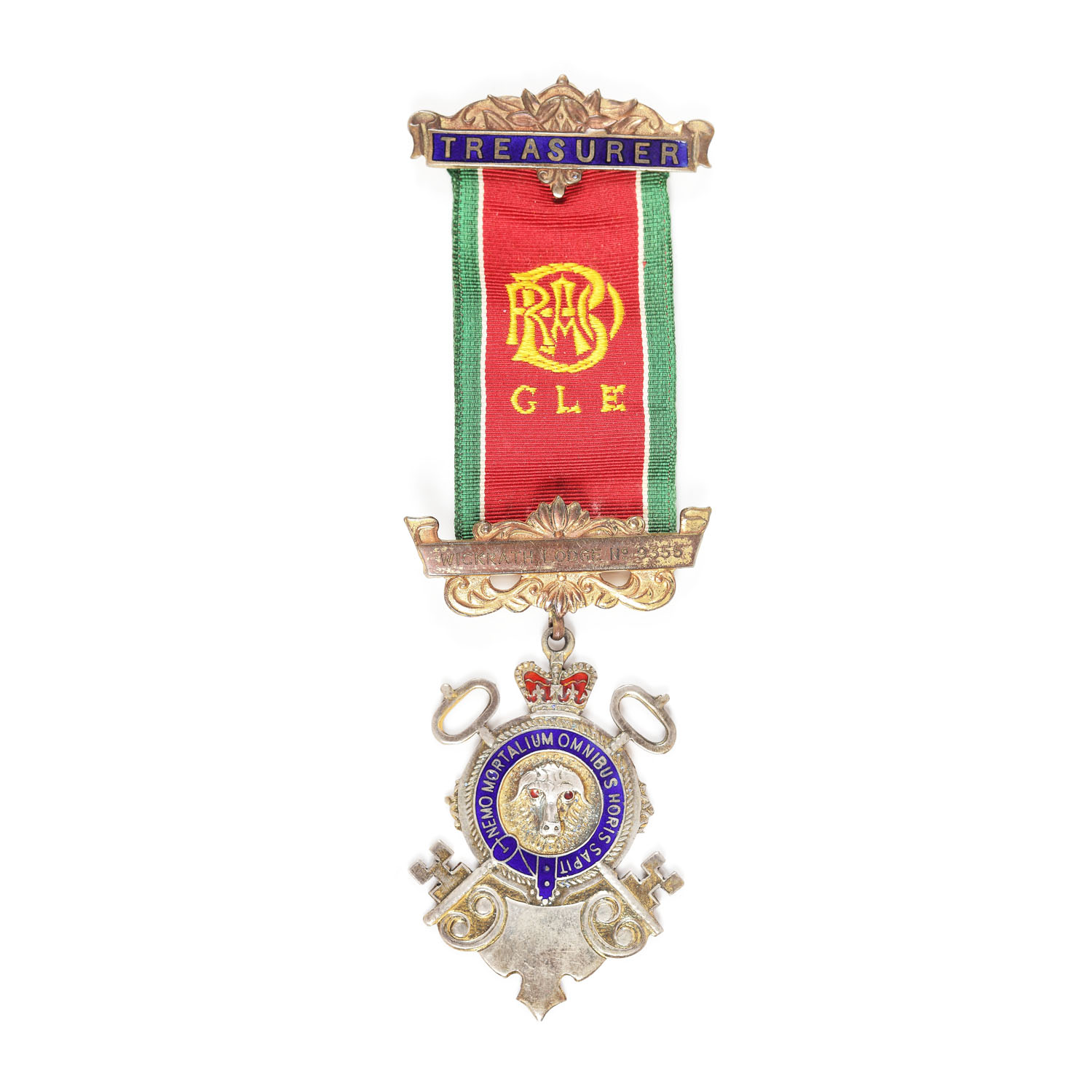 Ordin masonic din argint aurit al ”R.A.O.B.”, prezentat lui R.G. Summer de către loja "Wickrath" nr. 9355, pentru funcţia de Trezorier, 13 noiembrie 1951