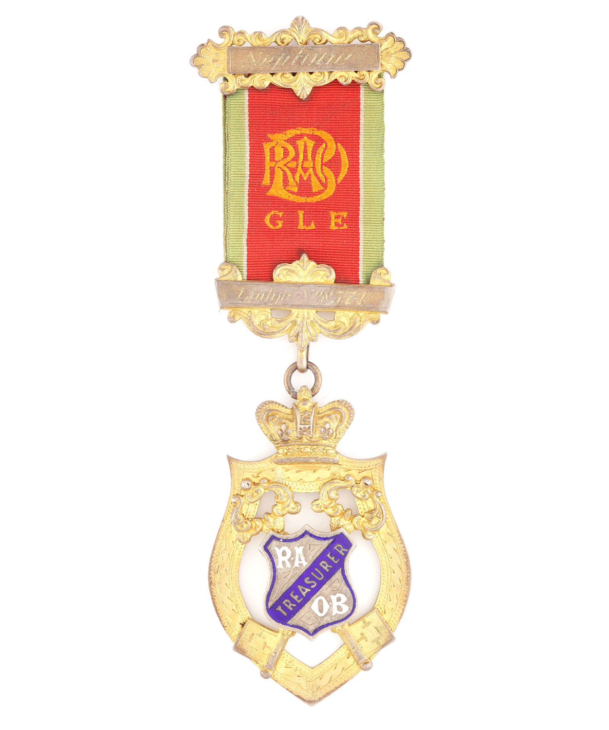 Ordin masonic din argint aurit al ”R.A.O.B.”, prezentat lui E.R. Cox, de către loja "Neptune" nr. 8574, pentru funcţia de Trezorier, 1956