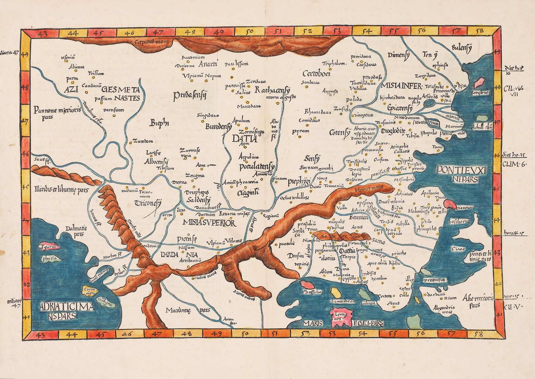 Hartă, ''Datia'' (Dacia) după "Geografia lui Ptolemeu", de Lorenz Fries, cca. 1522, piesă rară