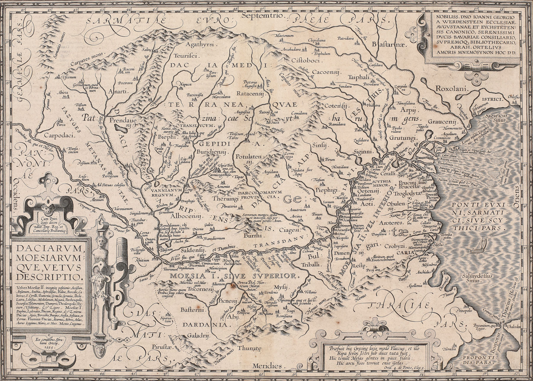 Harta Daciei și Moesiei, de Abraham Ortelius, 1595