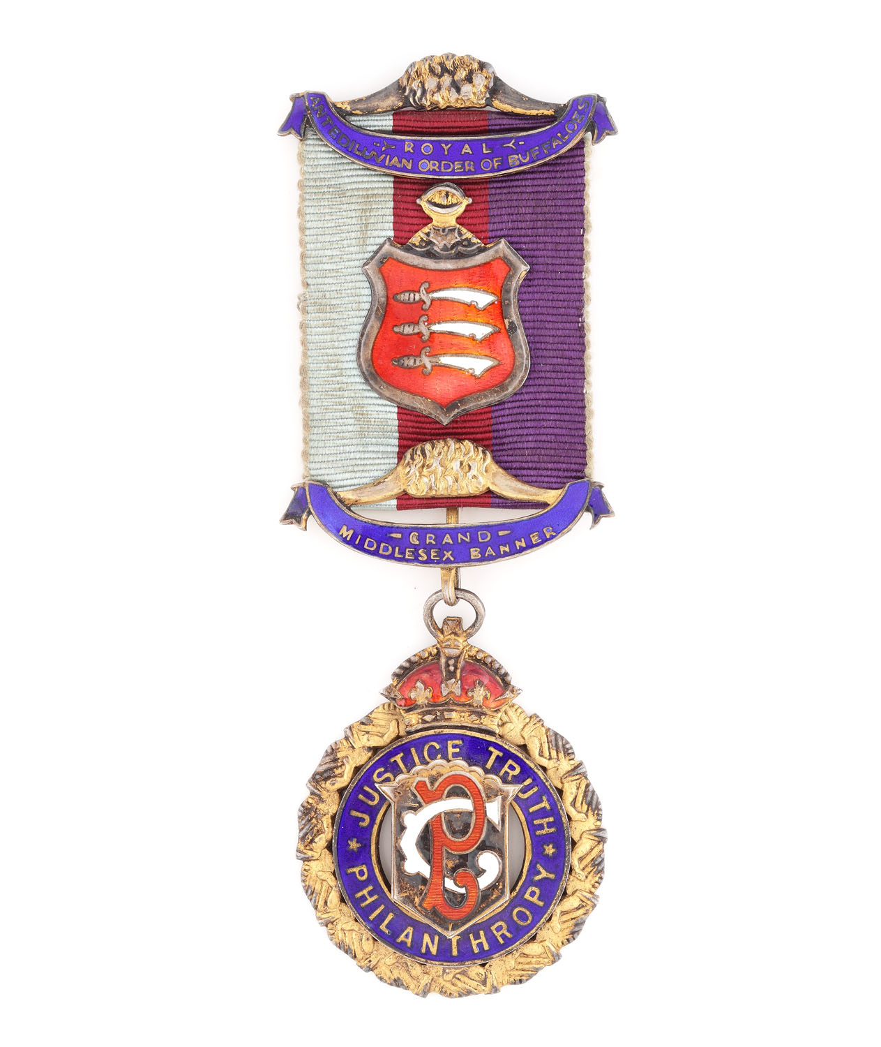 Ordin masonic din argint aurit al ”R.A.O.B.”, prezentat lui T.F. Gurnell de către loja ”Princess Marry & Wellington” nr. 90, pentru gradul Certified Primo, Middlesex, 25 octombrie 1949