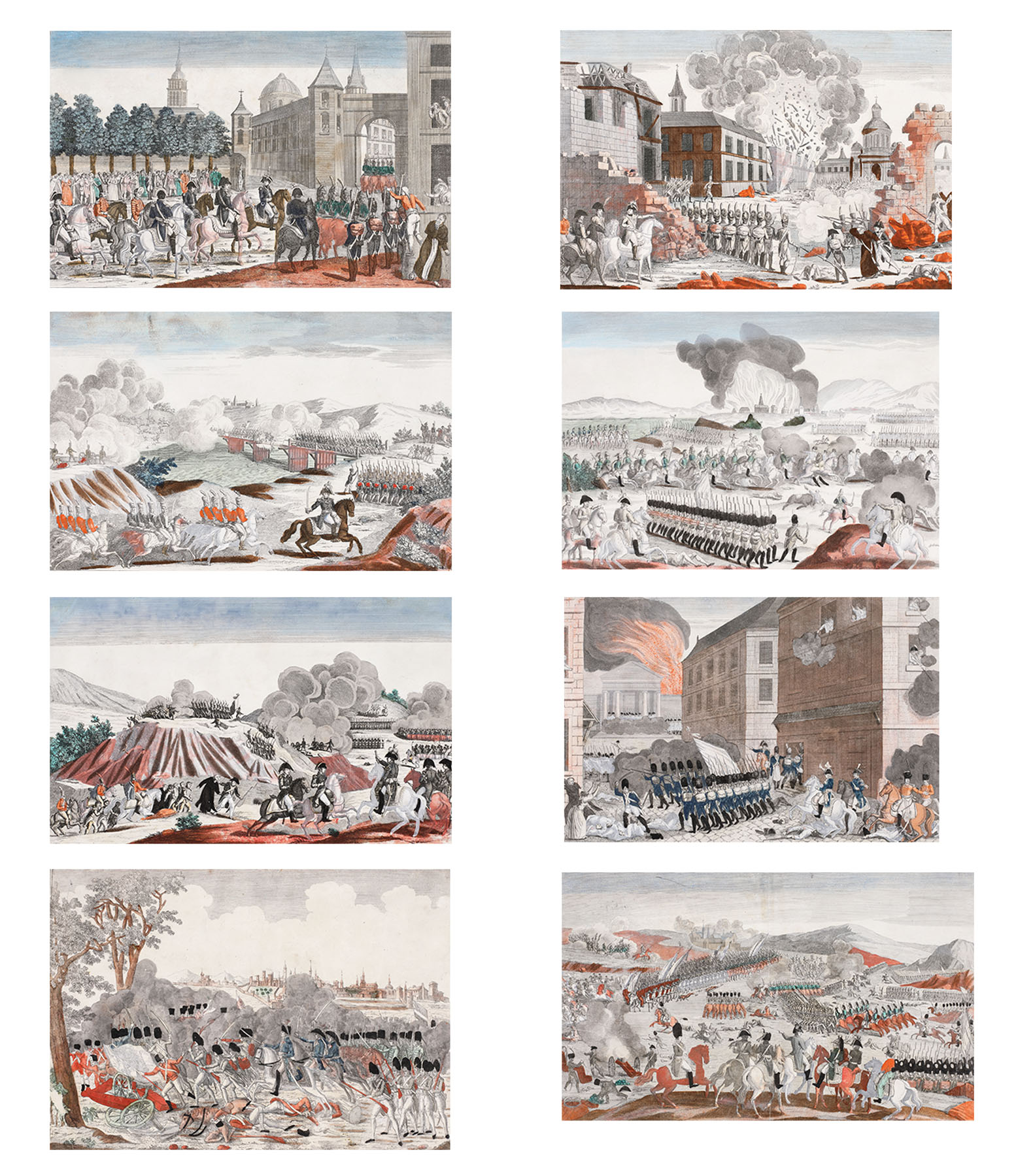 Lot format din 8 gravuri ilustrând luptele purtate la Saragosse, Madrid, Enzendorfe, Burgos, Brenton, Saint-Vincent, d'Spinoza și Lutzen în timpul Războiul din Peninsula Iberică, duse de Napoleon Bonaparte în cadrul Războaielor Napoleonice, 1808-1813