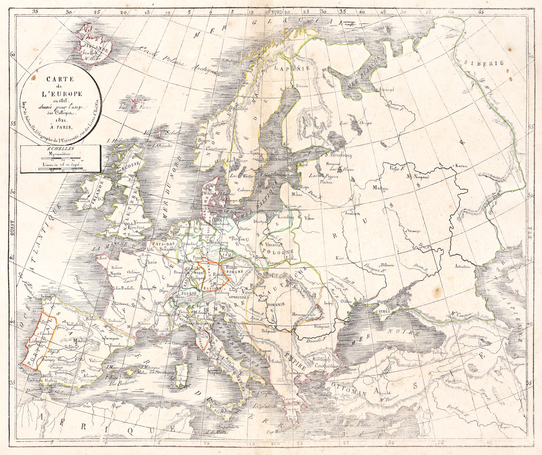 Harta Europei, folosită pentru uz academic, ilustrează spațiul european post-napoleonian, 1821