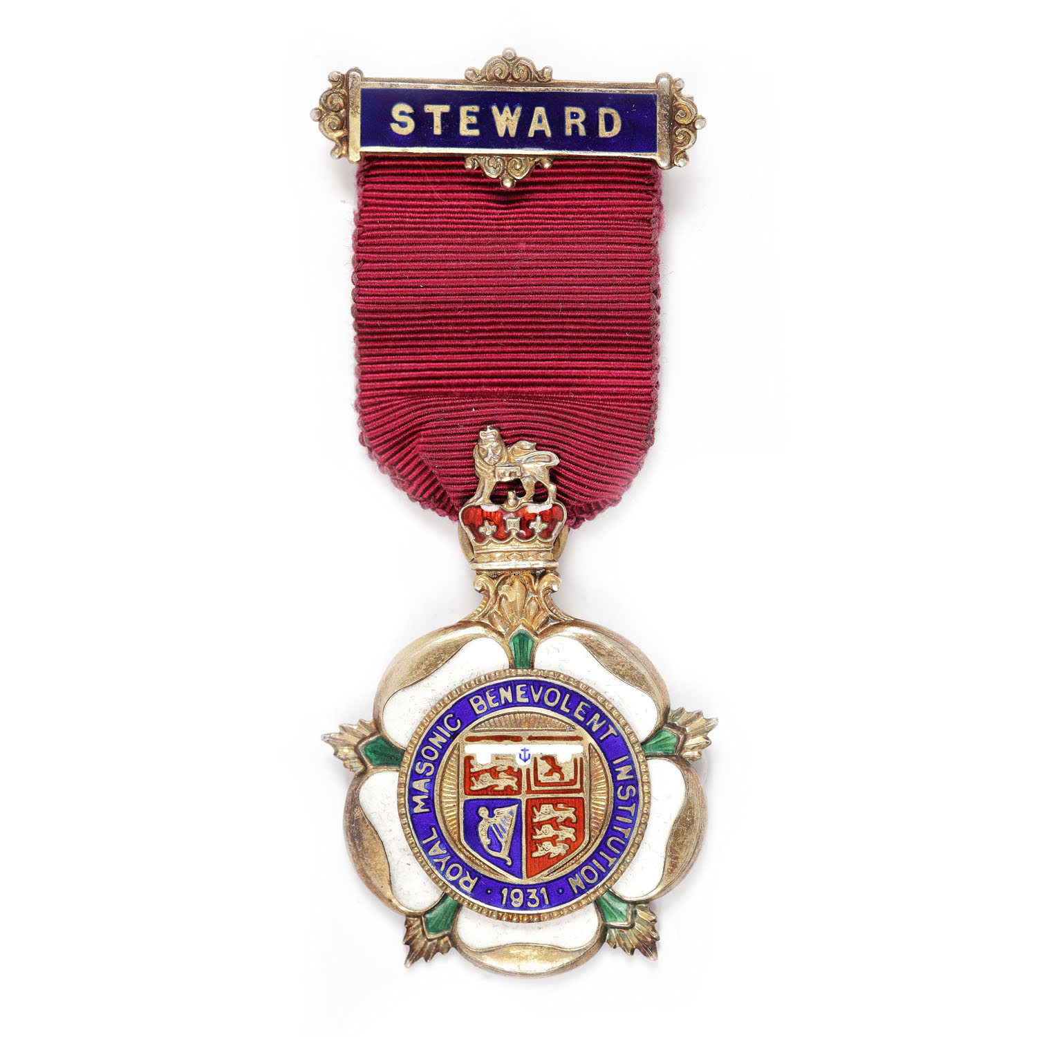 Ordin masonic din argint aurit al "Royal Masonic Benevolent Institution", pentru funcţia de Steward, 1931