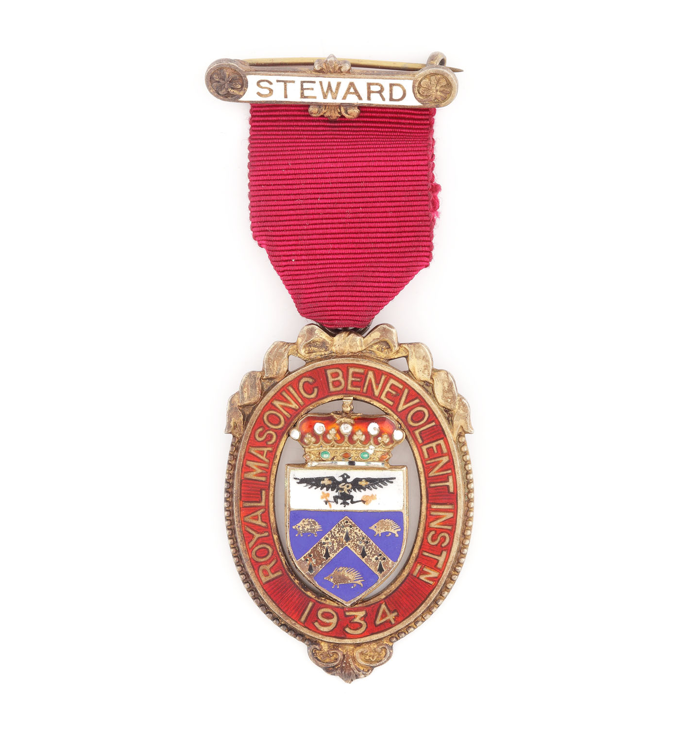 Ordin masonic din argint aurit al "Royal Masonic Benevolent Institution", pentru funcţia de Steward, 1934