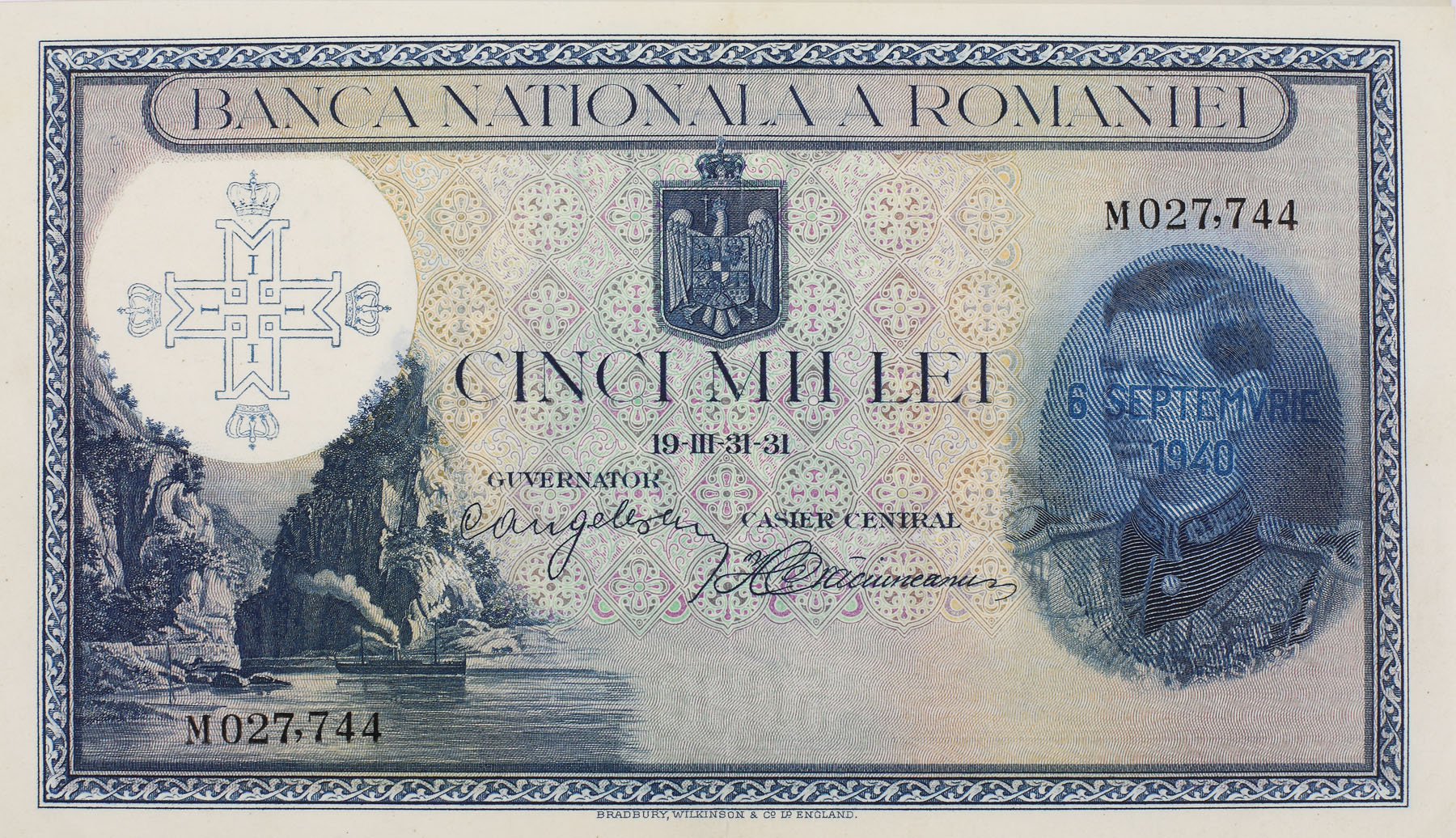 Bancnotă cu valoare nominală de 5000 lei, decorată cu cifrul Regelui Mihai și efigia Regelui Carol al II-lea, cca. 1940