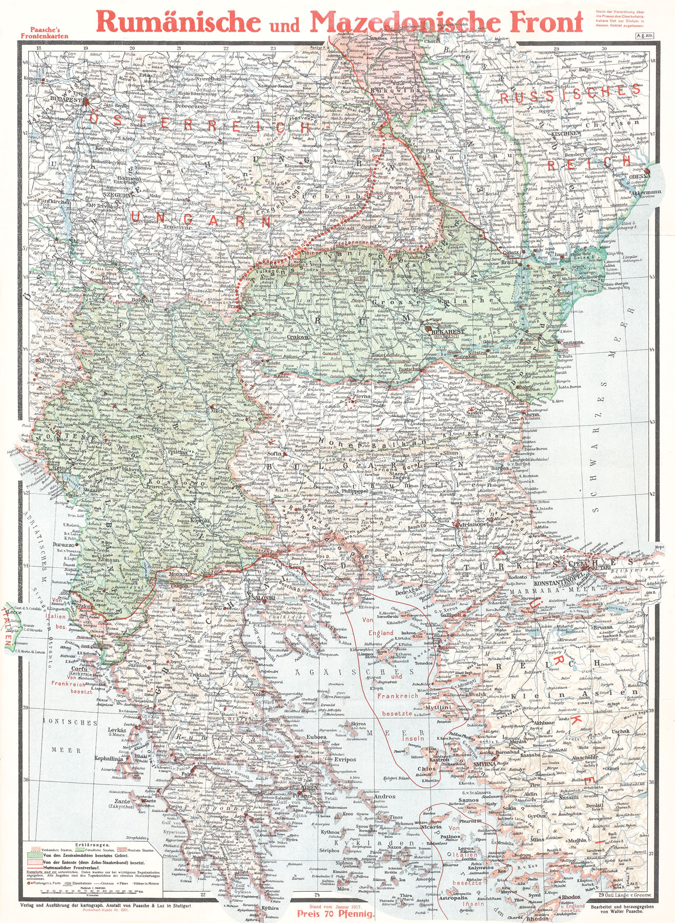 Harta teatrului de război "România şi Macedonia", de Verlag und Ausfuhrung von Paasche, Stuttgart