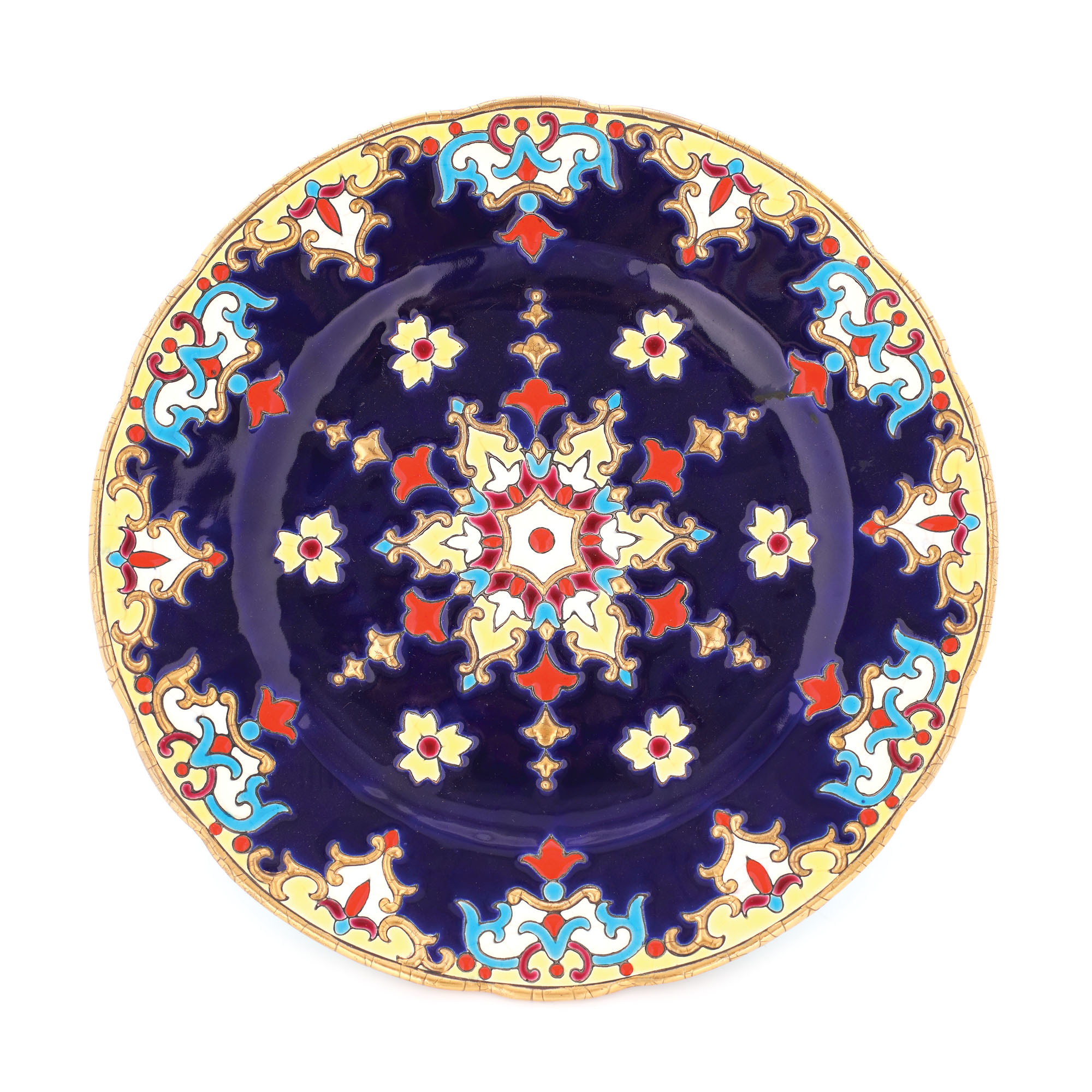 Platou Art Deco, din ceramică Longwy, realizat de Maurice-Paul Chevallier, cu decor rozetă și motive floral-vegetale, cca. 1930