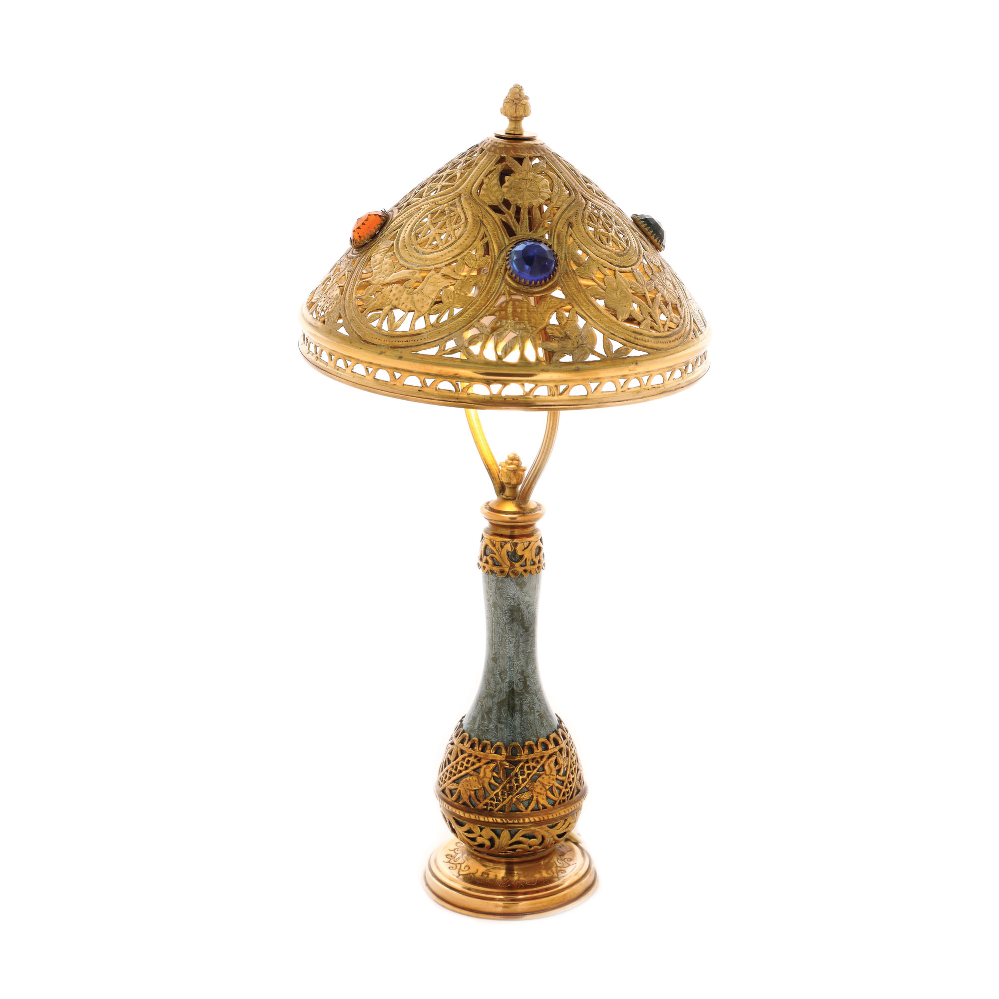 Lampă Art Nouveau, din bronz doré, cu decor persan și cristale colorate, cca. 1900
