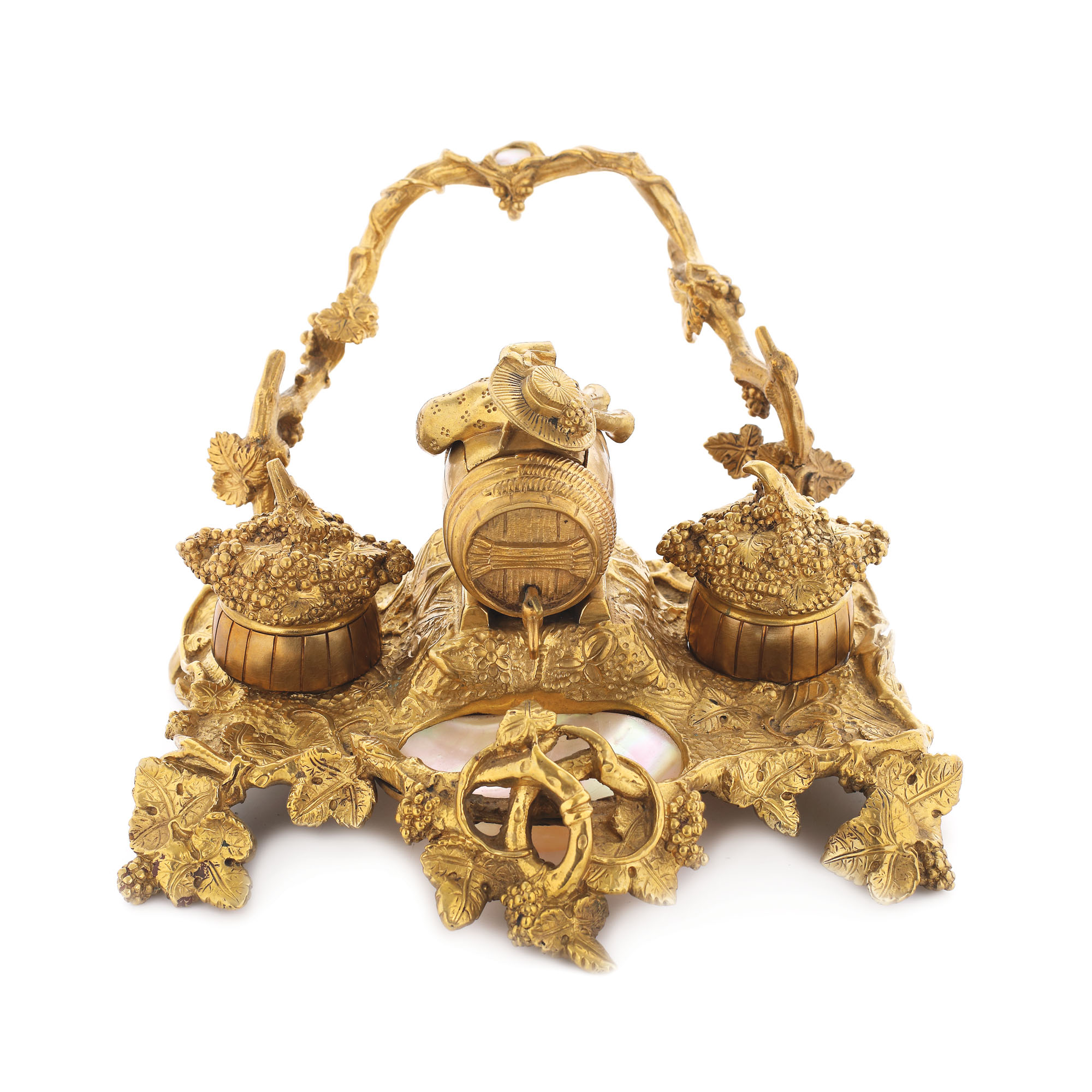 Rară encrieră Rococo, din bronz doré și sidef, decorată cu motive bahice, cca. 1750, piesă de colecție