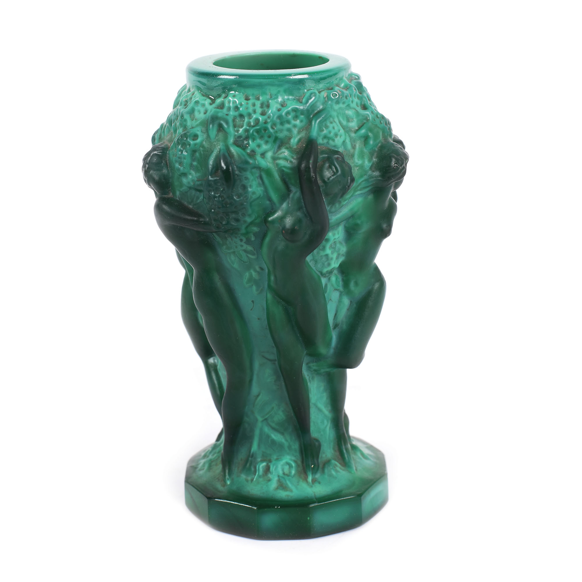 "Bacchantes" - vas miniatural Art Deco, în tehnica pâte de verre, design Frantisek Pazourek pentru atelierele Schlevogt, cca. 1932