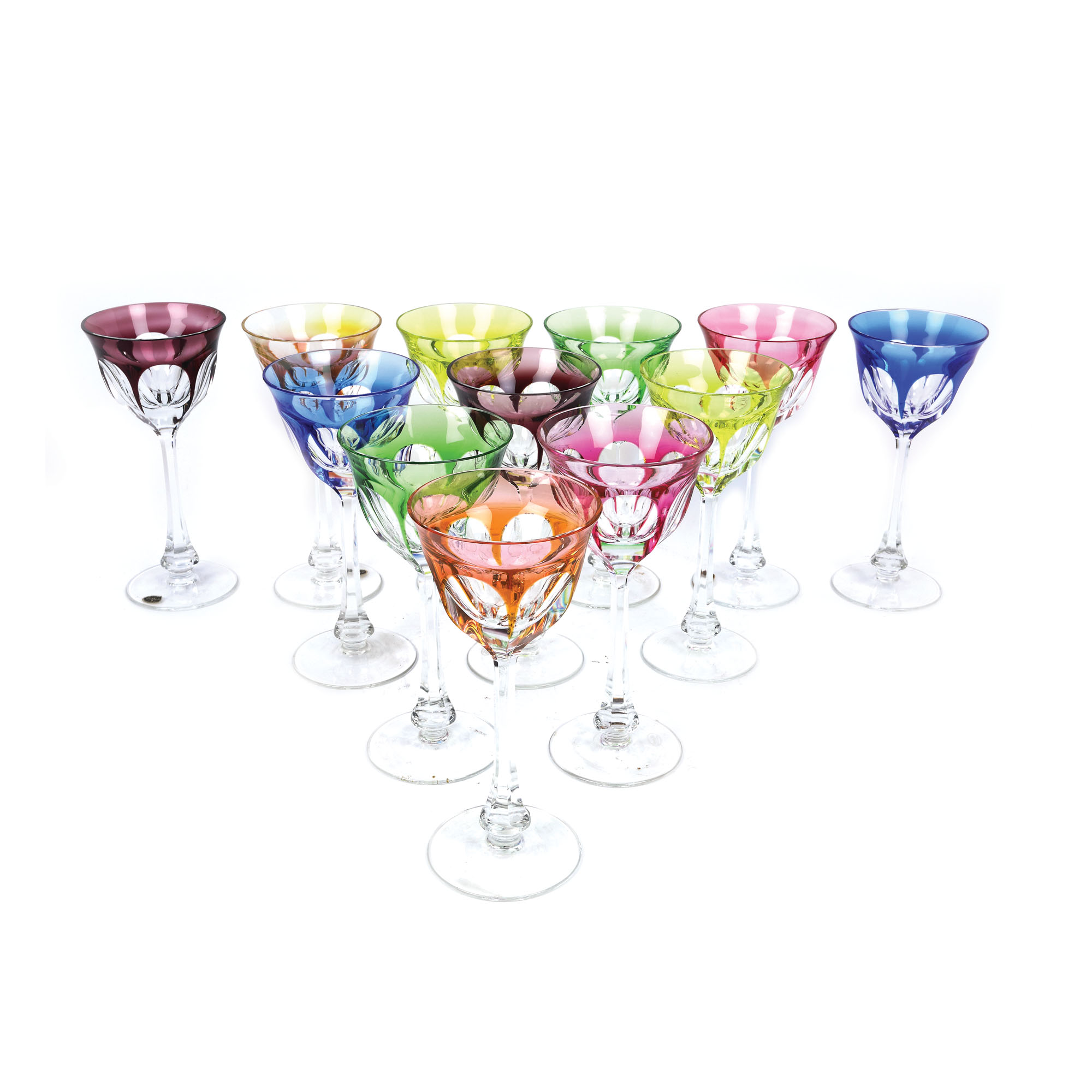 Set complet Moser de 12 pahare pentru vin, din cristal stratificat și colorat, începutul sec. XX, foarte rar, de colecție