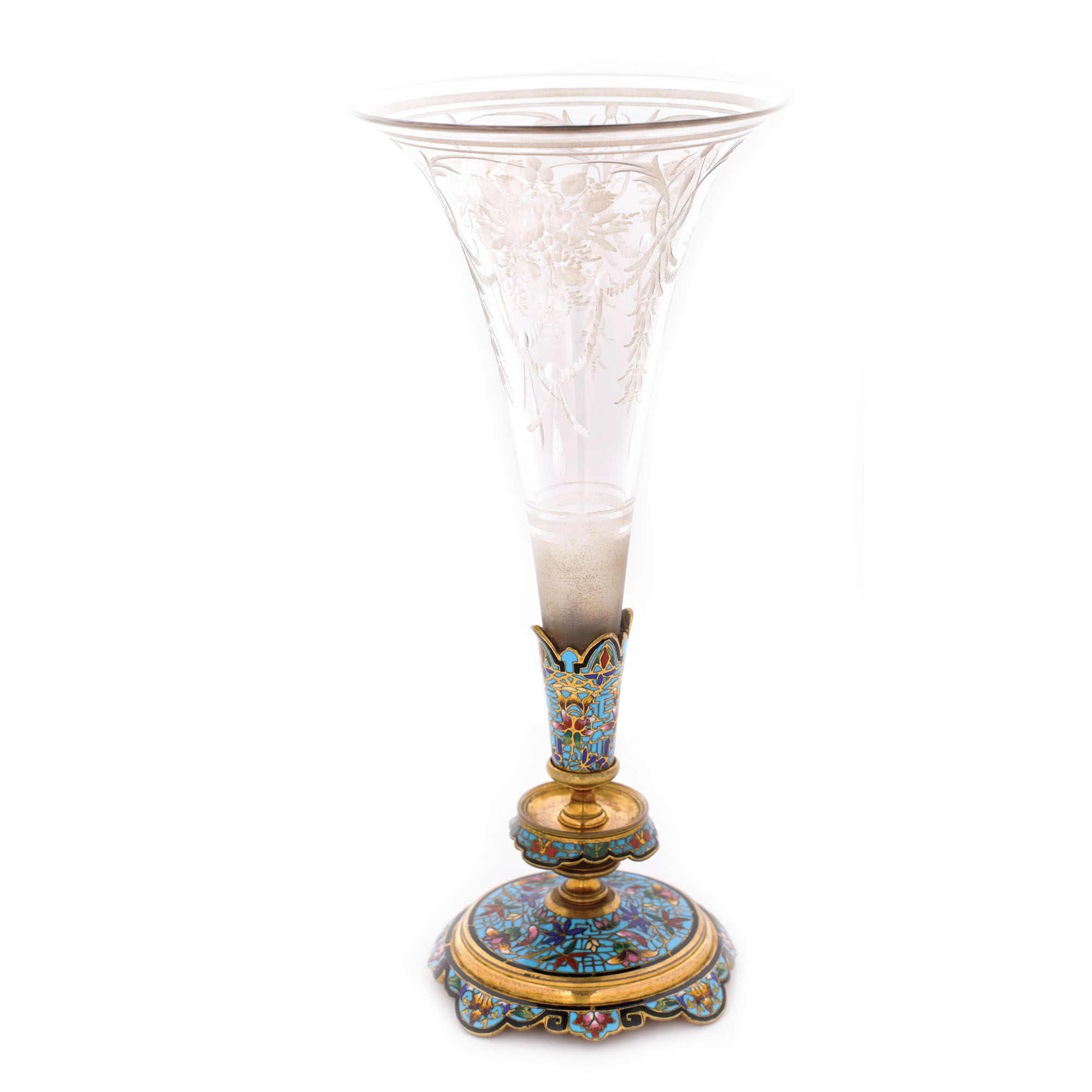 Solifloră din cristal sablat, pe suport atribuit atelierului Ferdinand Barbedienne, din bronz decorat în cloisonné, cca. 1880