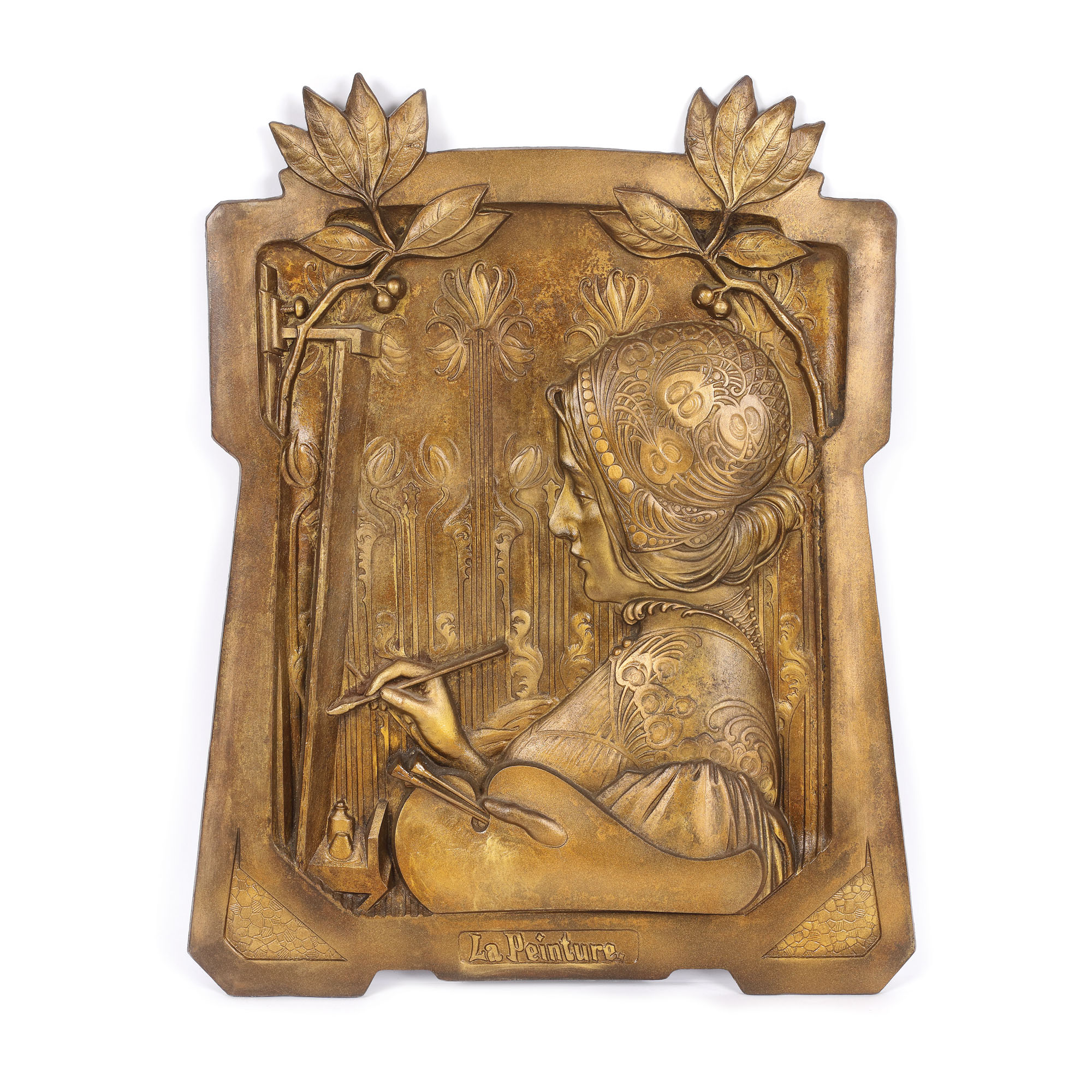 ”La Peinture” - relief Jugendstil, design Alphonse Mucha, manufactura Eisenhütte Mägdesprung, cca. 1900, piesă de raritate extremă, de colecție