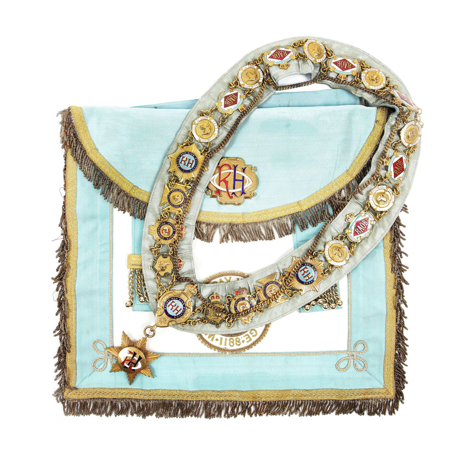 Lot format din şorţ masonic de maestru ”R.A.O.B.”, al lojei "Whitley Bay Village" nr. 1188 şi colan, pentru gradul Roll Of Honour