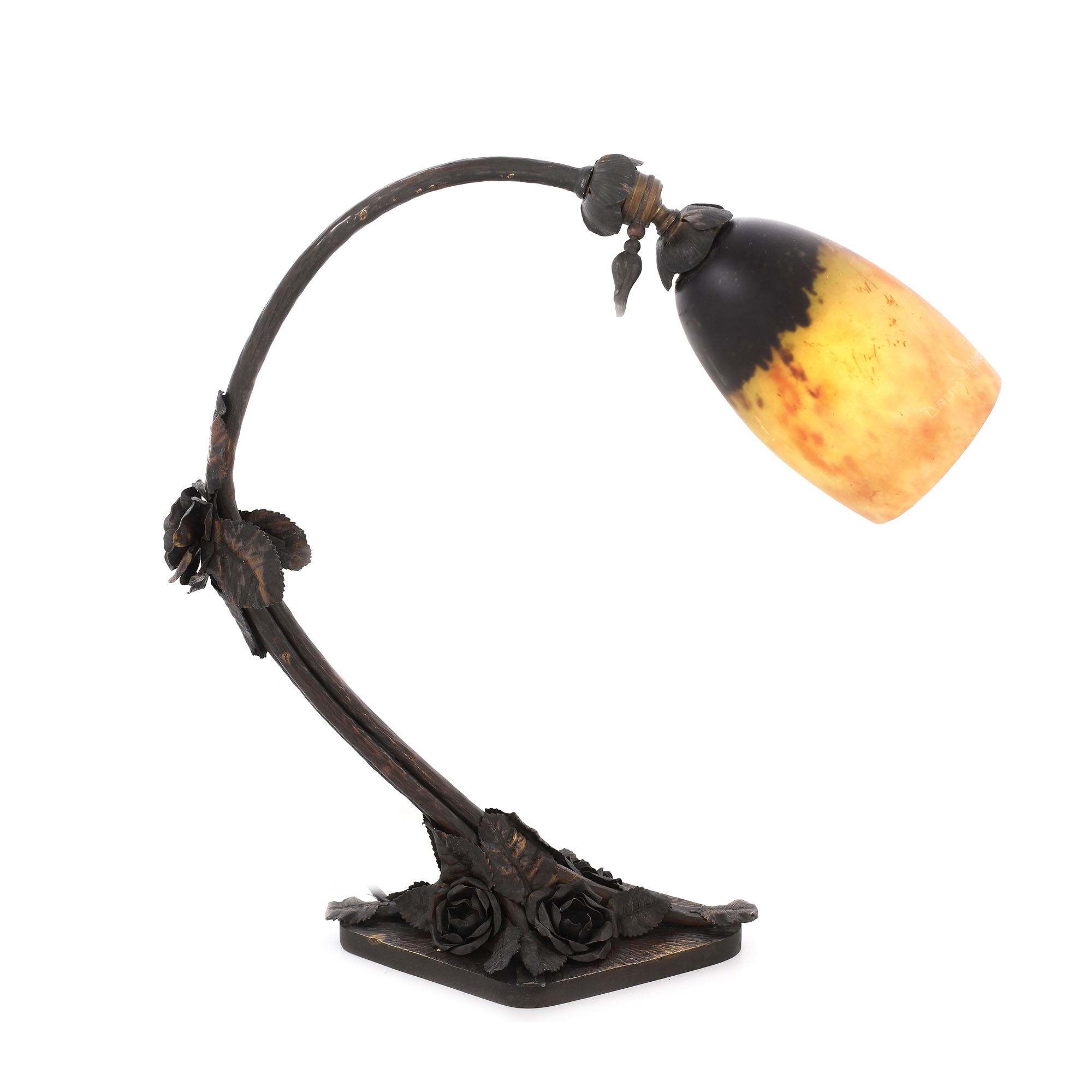 Lampă Daum Nancy, Art Deco, din sticlă stratificată și bronz lucrat manual, decorată cu trandafiri, cca. 1920