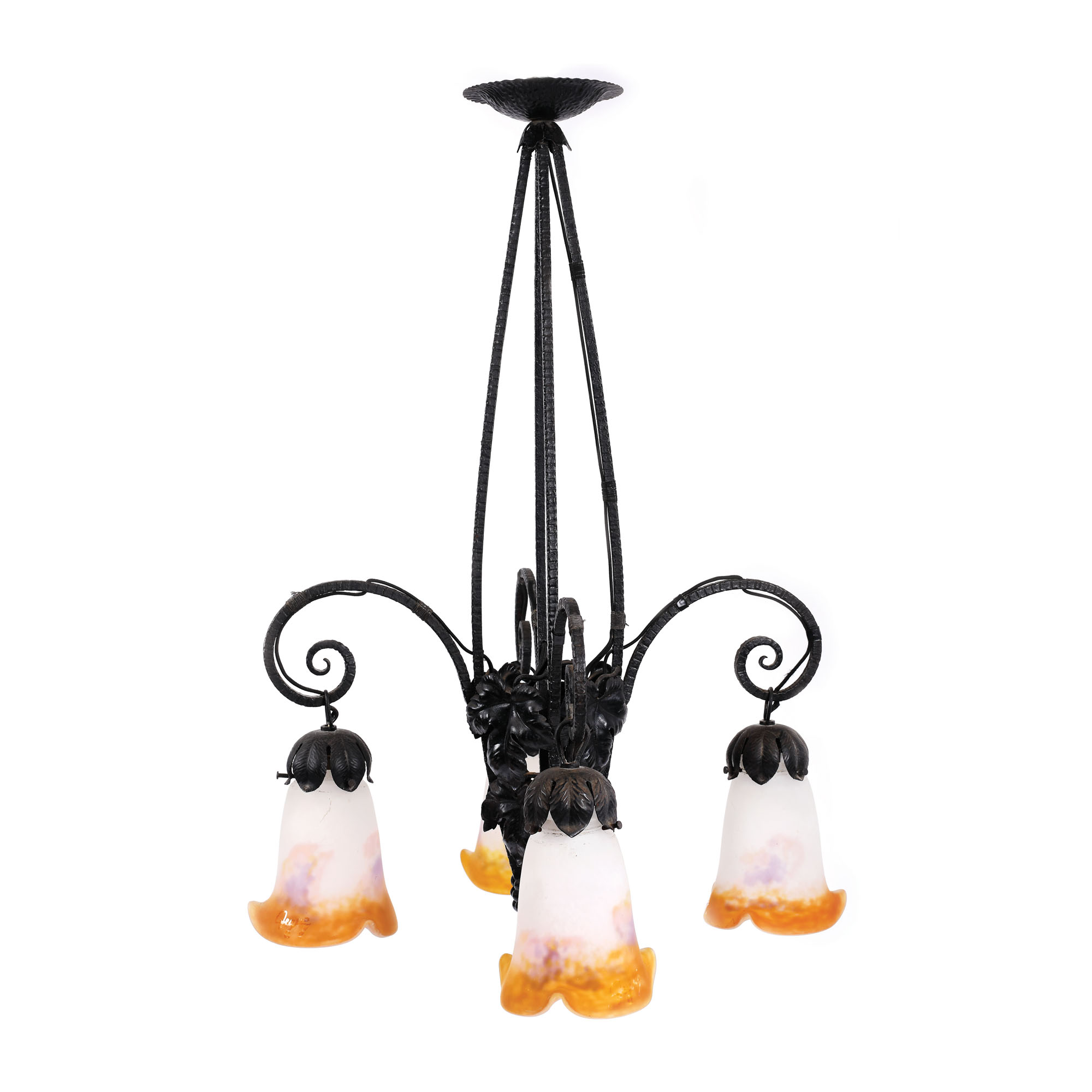 Lampă Degué de tavan, Art Deco, decorată cu struguri și frunze de viță de vie, din sticlă stratificată și fier forjat, cca. 1930