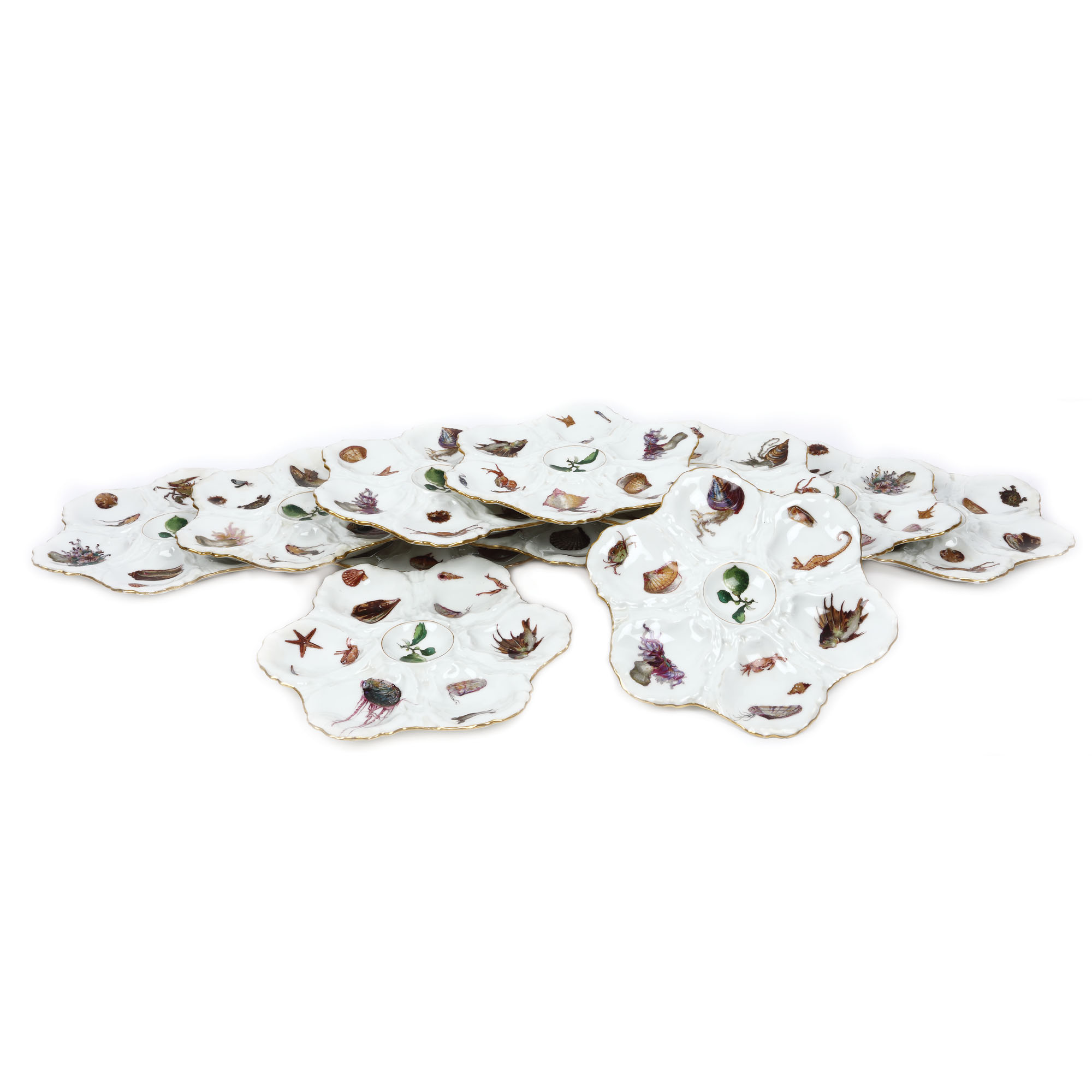 Rar set de 12 platouri din porțelan Haviland Limoges, cu modele distincte, pentru fructe de mare și caviar, cca. 1880-1890, de colecție