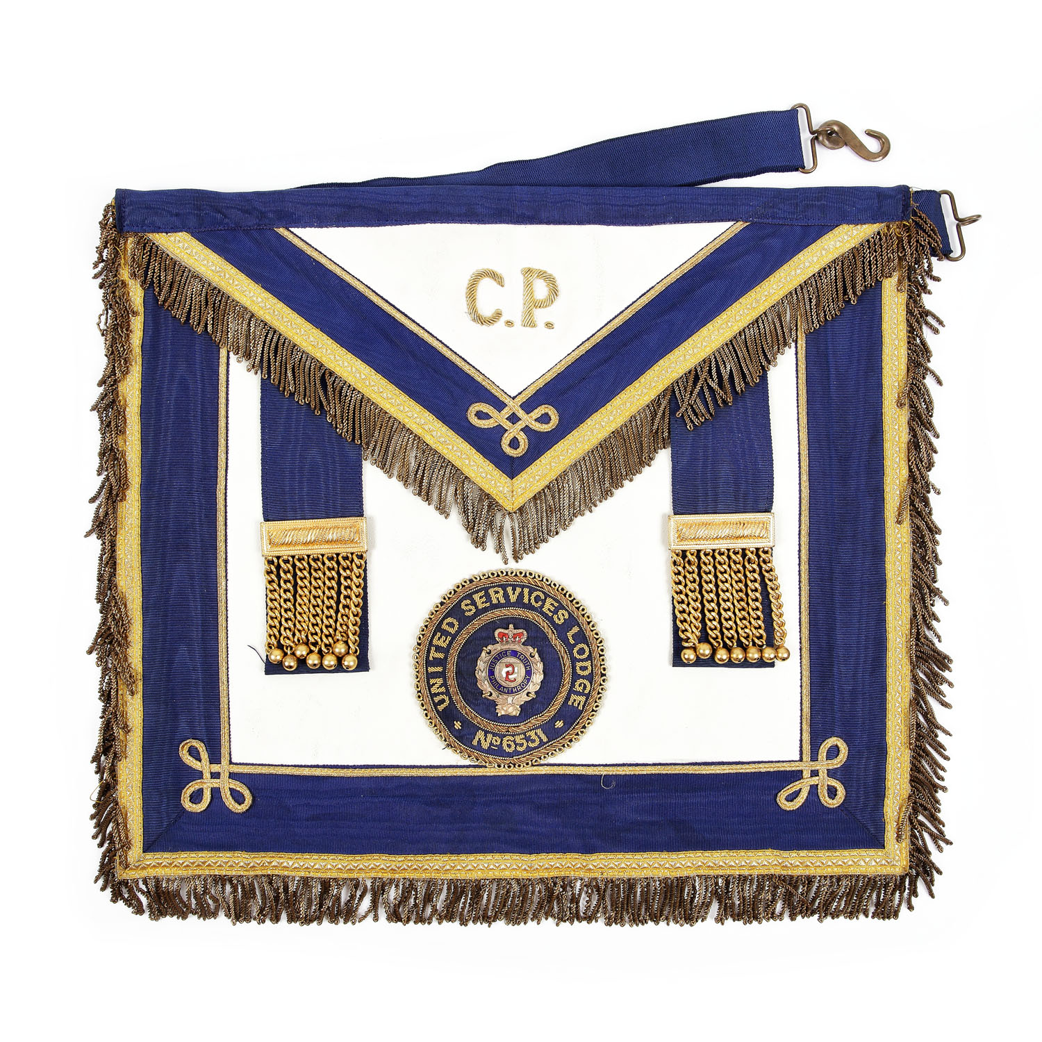 Master apron of the United Services Lodge no. 6531, with the initials "C. P."