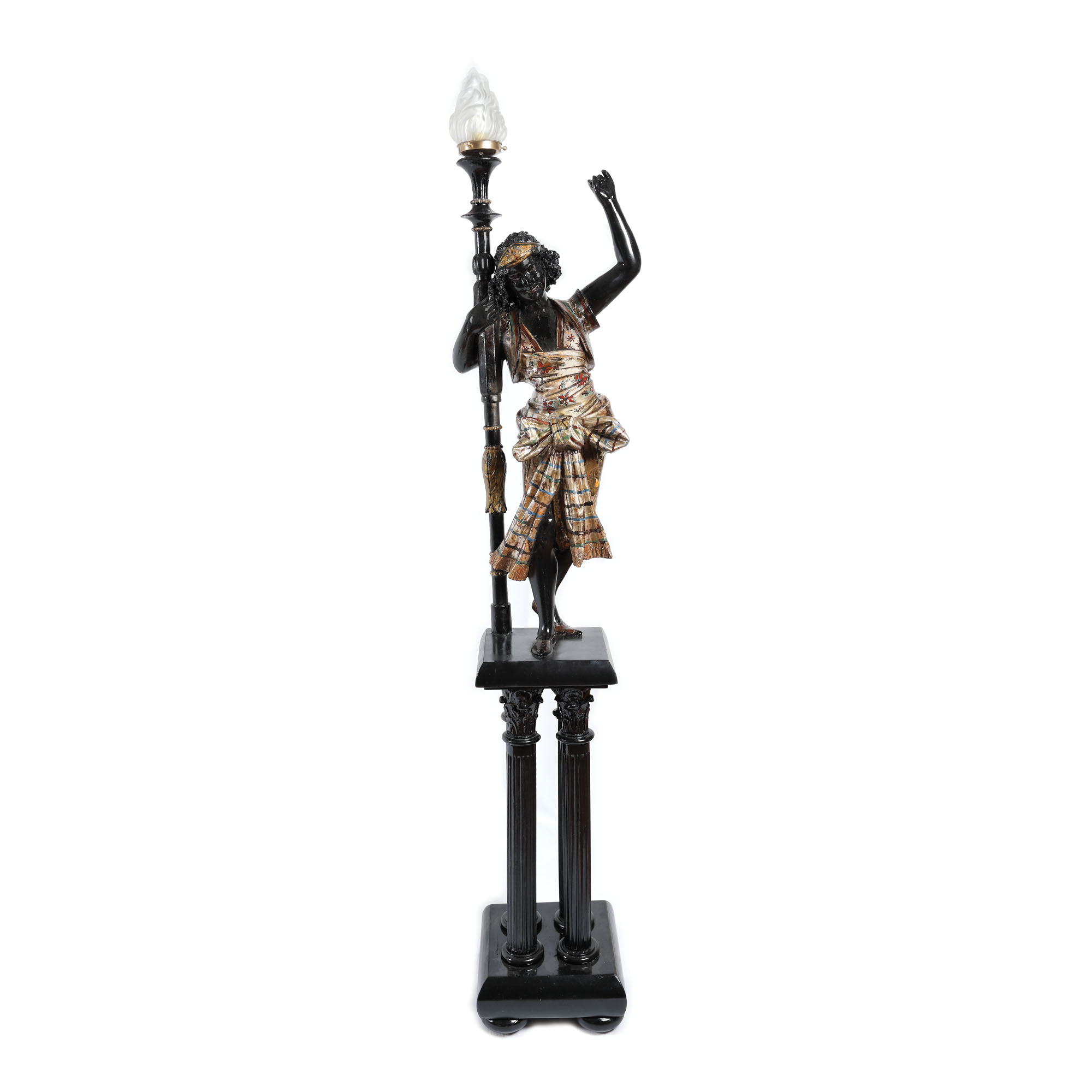 Impresionant lampadar venețian, reprezentând o femeie maură, din lemn sculptat, aurit, argintat, sec. XIX