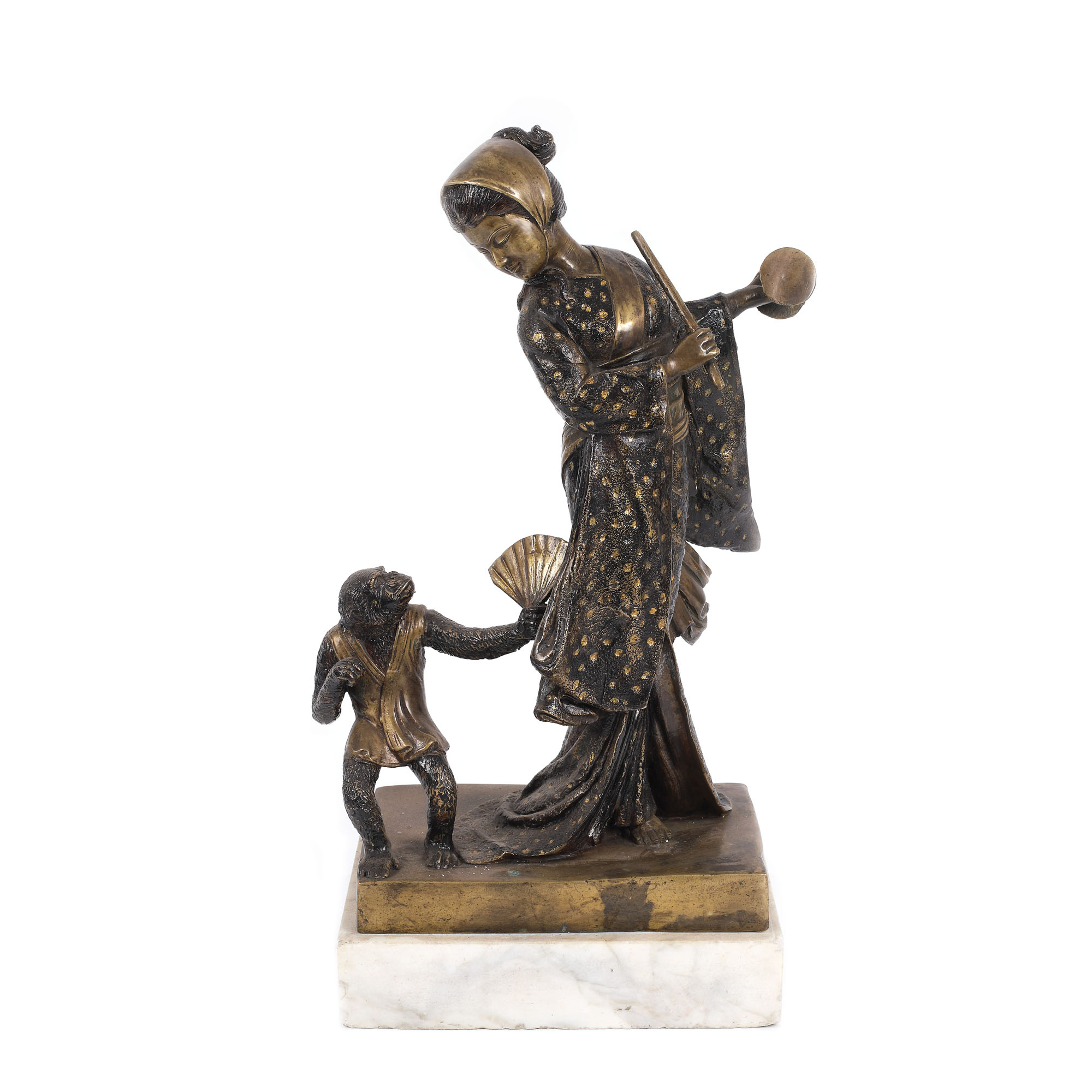 Statuetă Art Deco, din bronz, înfățișând o gheișă și o maimuță, cca. 1930