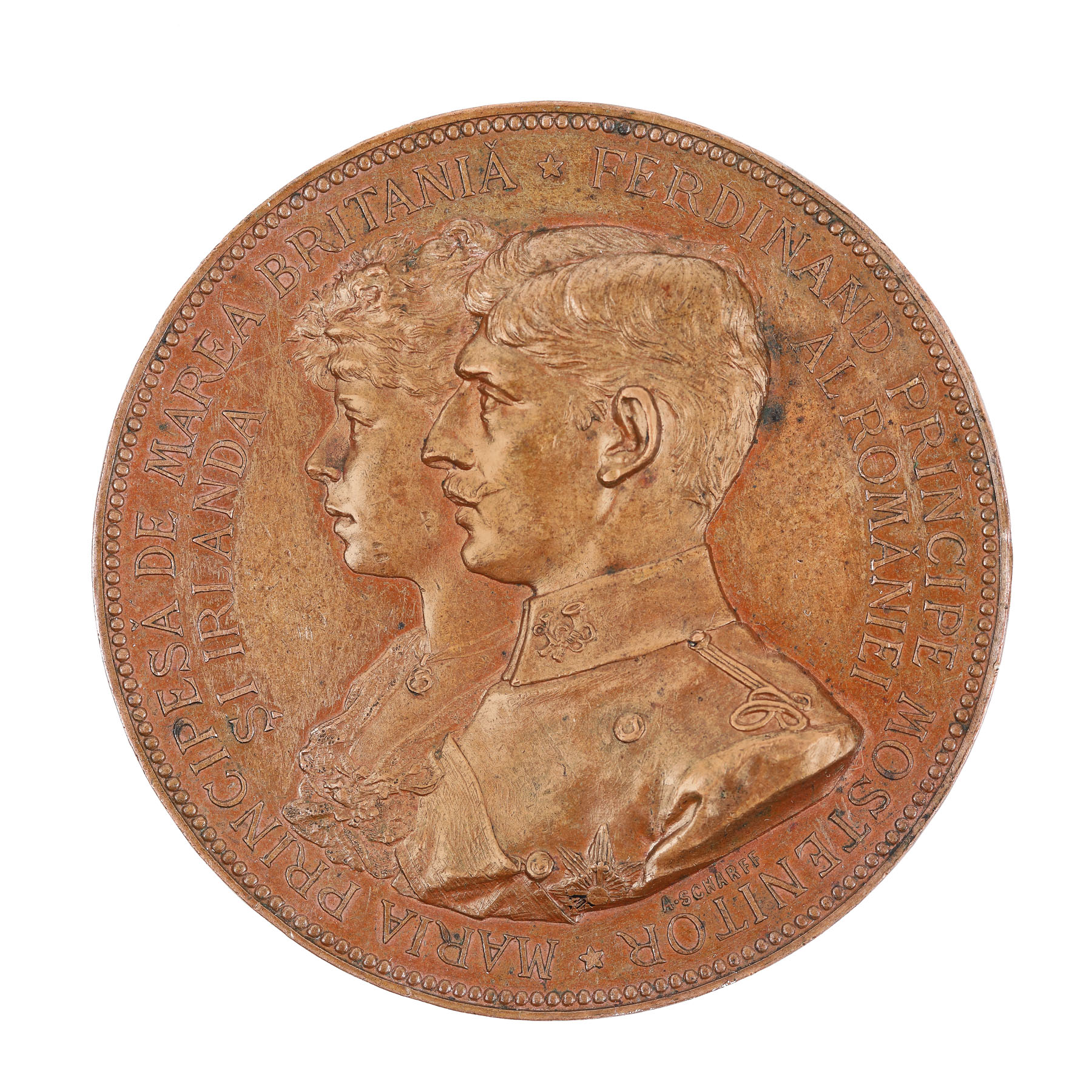 Medalie "Logodna Principelui Ferdinand al României cu Maria Principesă de Marea Britanie, 1892-1893, gravor Anton Rudolf Scharff