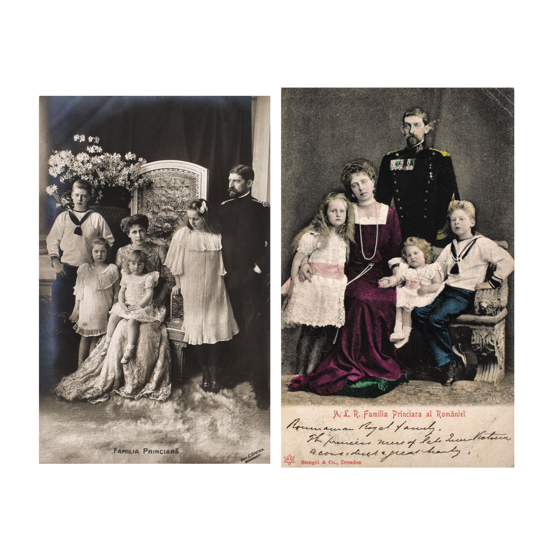 Lot format din două cărți poștale ilustrând-o pe Principesa Moștenitoare Maria alături de Principele Ferdinand și copiii lor, Elisabeta, Mărioara, Carol și Nicolae, 1901-1905