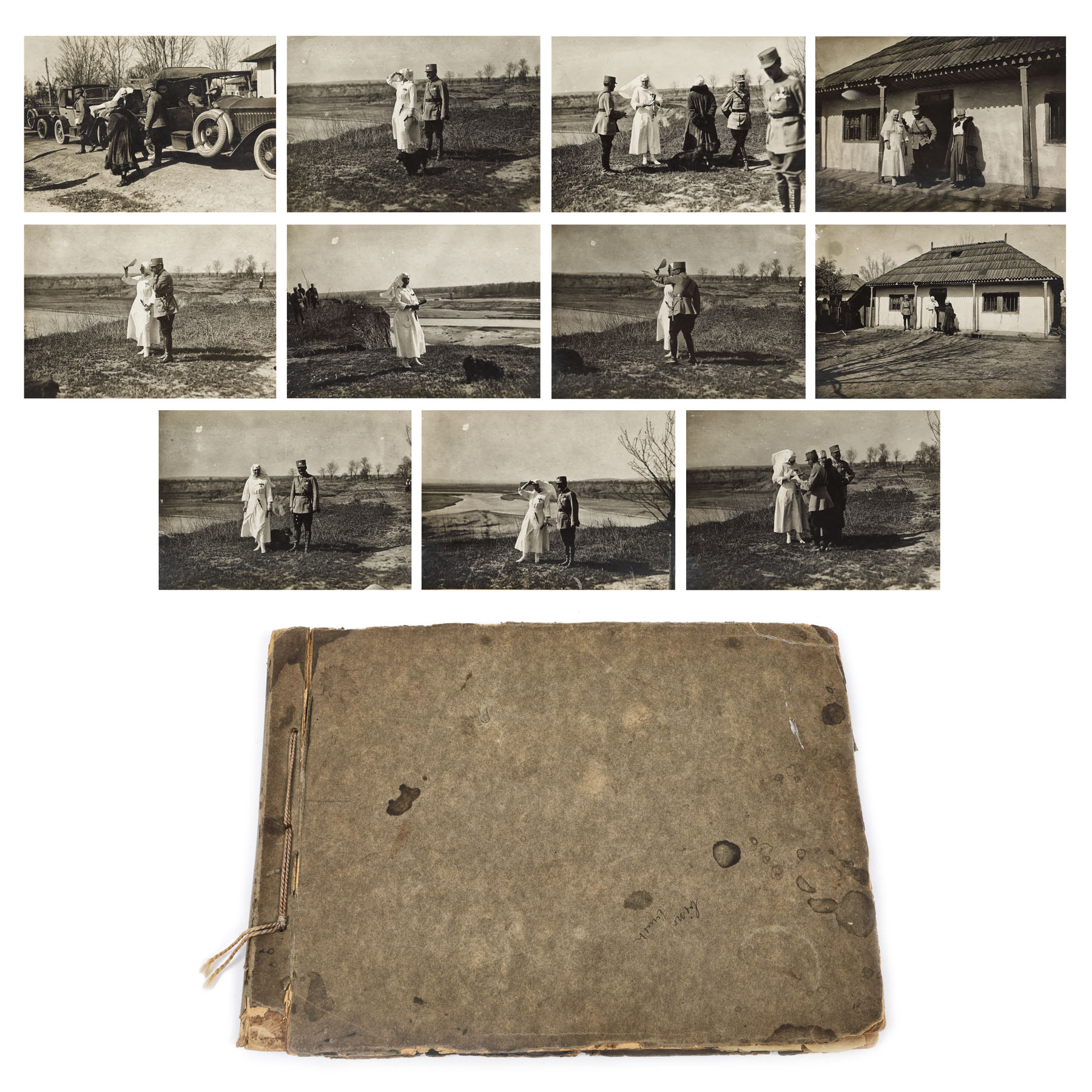 Inedit album cu 11 fotografii din Primul Război Mondial, ilustrând-o pe Principesa Maria în uniforma Crucii Roșii, alături de generalul erou al armatei române, Eremia Grigorescu, Cozmești, 1917, piesă de colecție