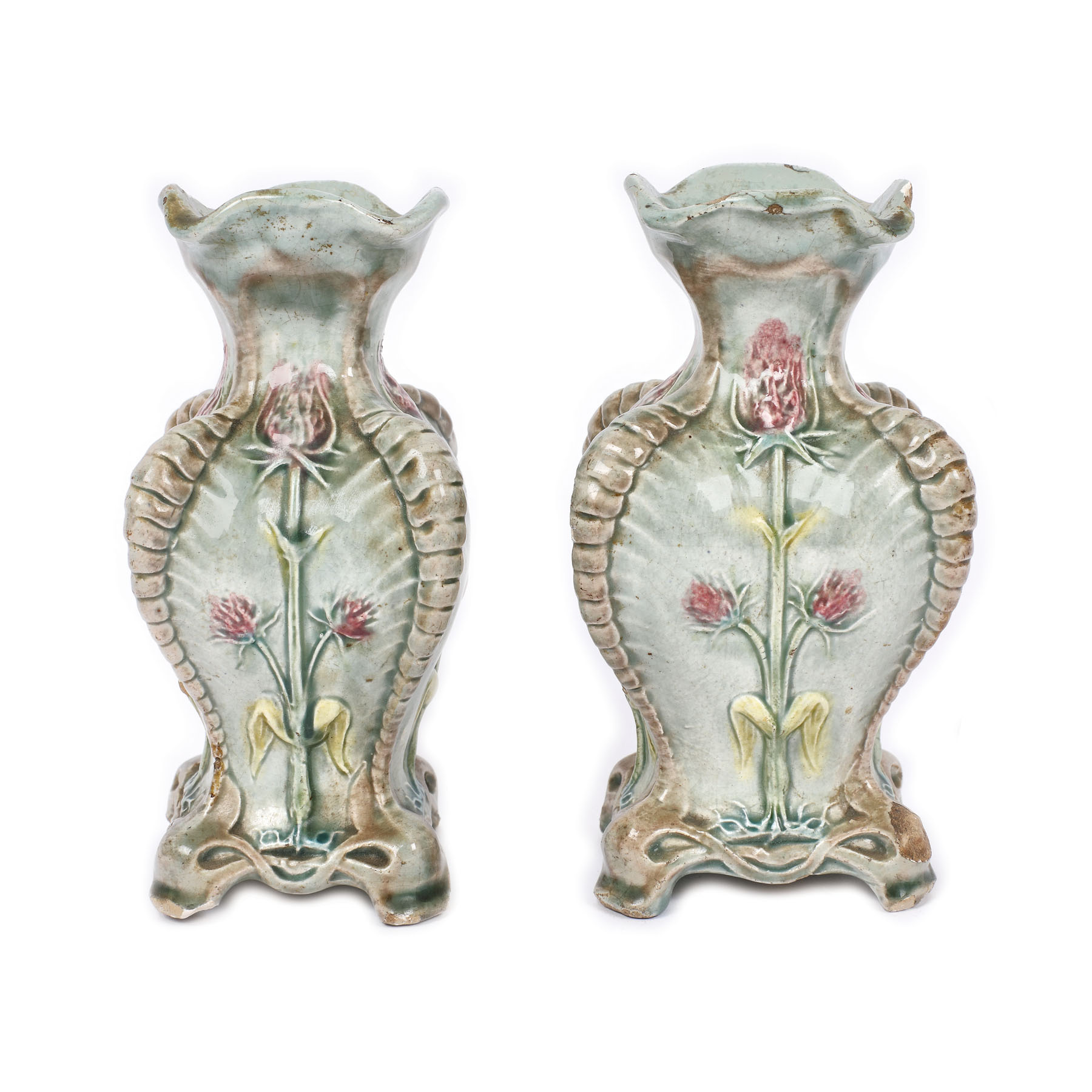 Lot format din două soliflore, stil Art Nouveau românesc, decorate cu flori de ciulin, Atelierele Regale București, perioada interbelică