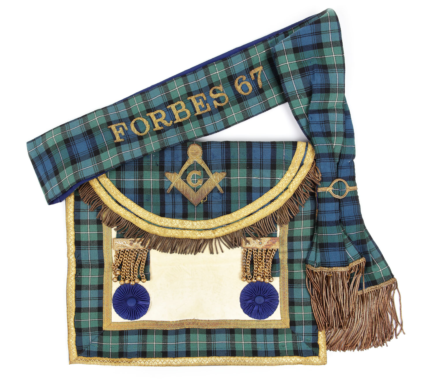 Lot consisting of a Master apron and a sash of the Forbes 67 Lodge, Glasgow