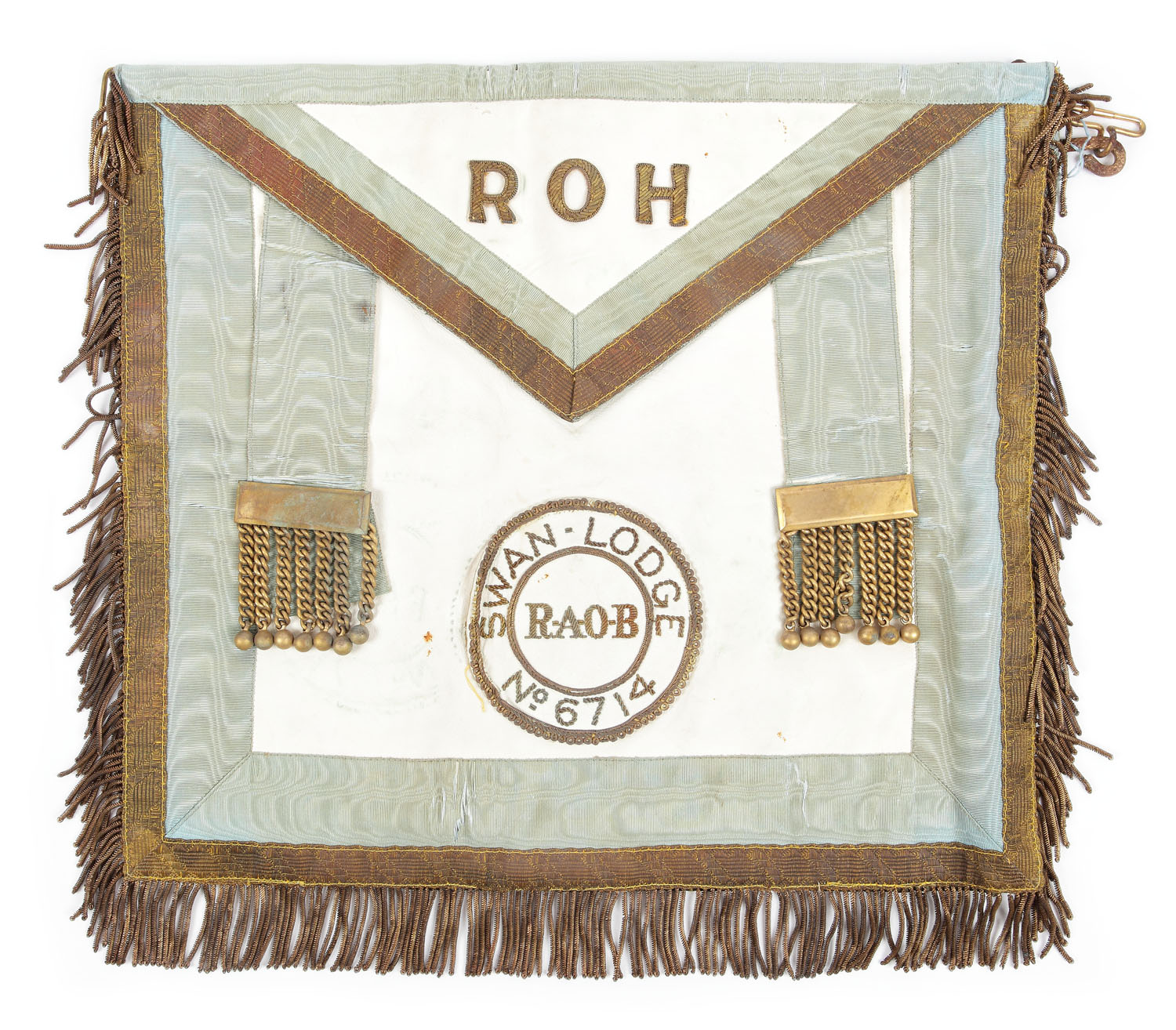 Şorţ masonic de maestru "R.A.O.B.", al lojei "Swan" nr. 6714, pentru gradul Roll of Honour