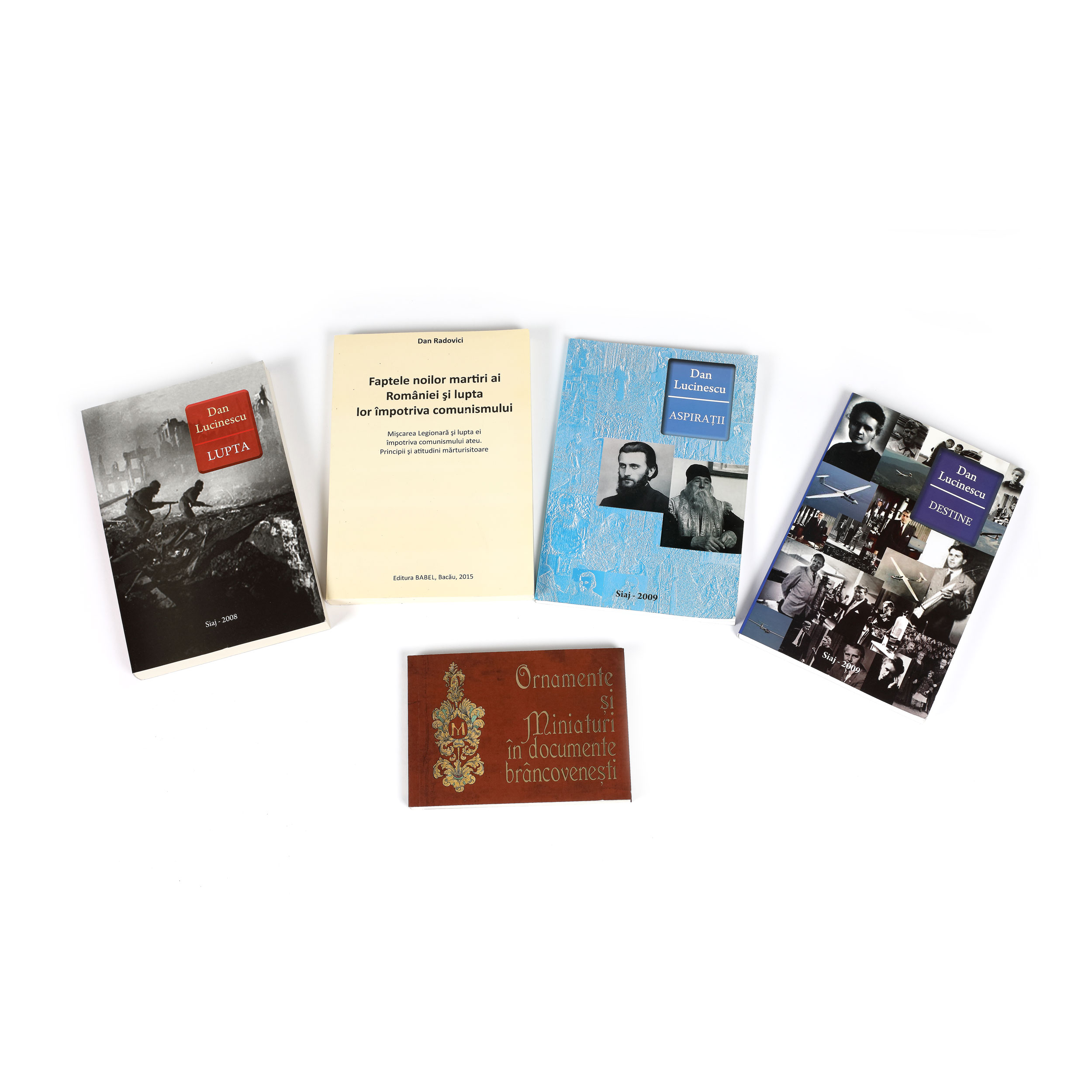 Lot format din cinci volume: ”Ornamente și miniaturi în documente brâncovenești”, București, 2019, ”Lupta”, de Dan Lucinescu, Făgăraș, 2008, ”Faptele noilor martiri ai României și lupta lor împotriva comunismului”, de Dan Radovici, Bacău, 2015, ”Aspirații”, de Dan Lucinescu, Făgăraș, 2009 și ”Destine”, de Dan Lucinescu, Făgăraș, 2009