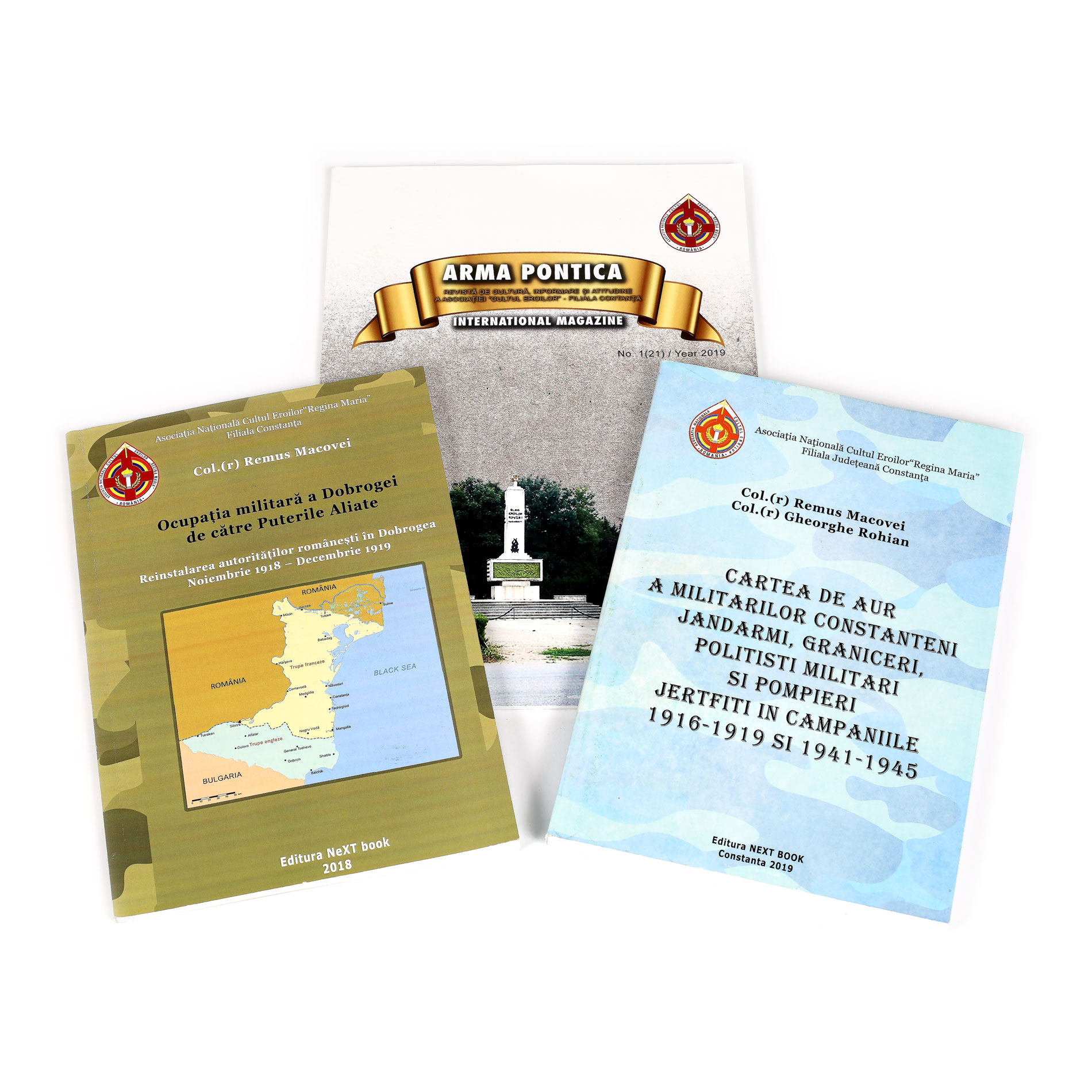 Lot format din două volume ”Cartea de aur a militarilor constănțeni, jandarmi, grăniceri, polițiști militari și pompieri jerfiți în campaniile 1916-1919 și 1941-1945”, Constanța, 2019, ”Ocupația militară a Dobrogei de către Puterile Aliate”, de colonel Remus Macovei, Constanța, 2018 și revista ”Arma pontica”, nr. 1 din 2019
