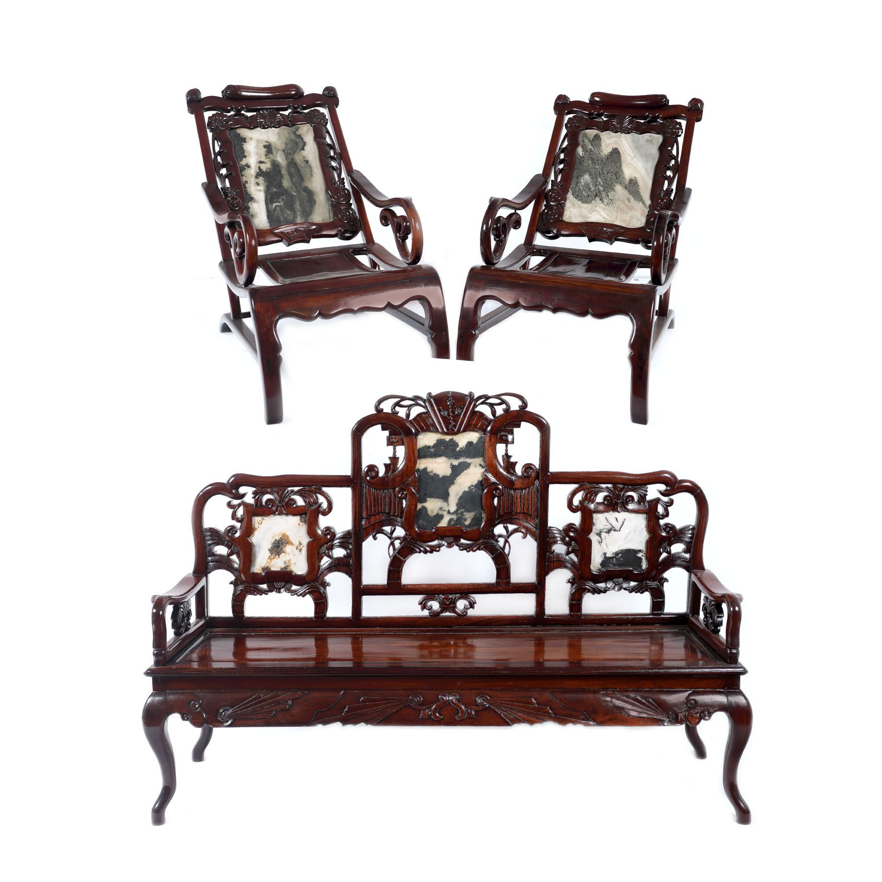 A wood and stone opium bed and two moon gazing chairs, the end of the Qing Period, China, the beginning of the 20th century