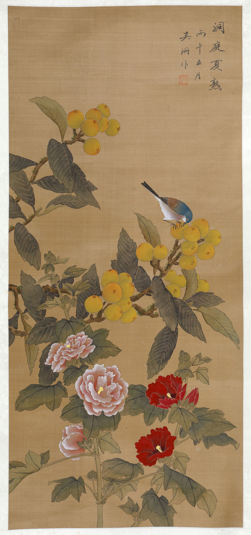 Japanese pears, peony and birds