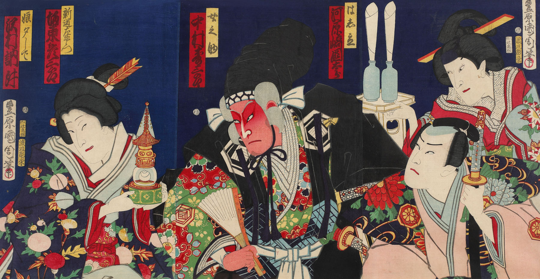 Actorii Kabuki Sawamura Tossho, Bando Hikosaburo, Nakamura Juzaburo și Kawarasaki Kunitaro